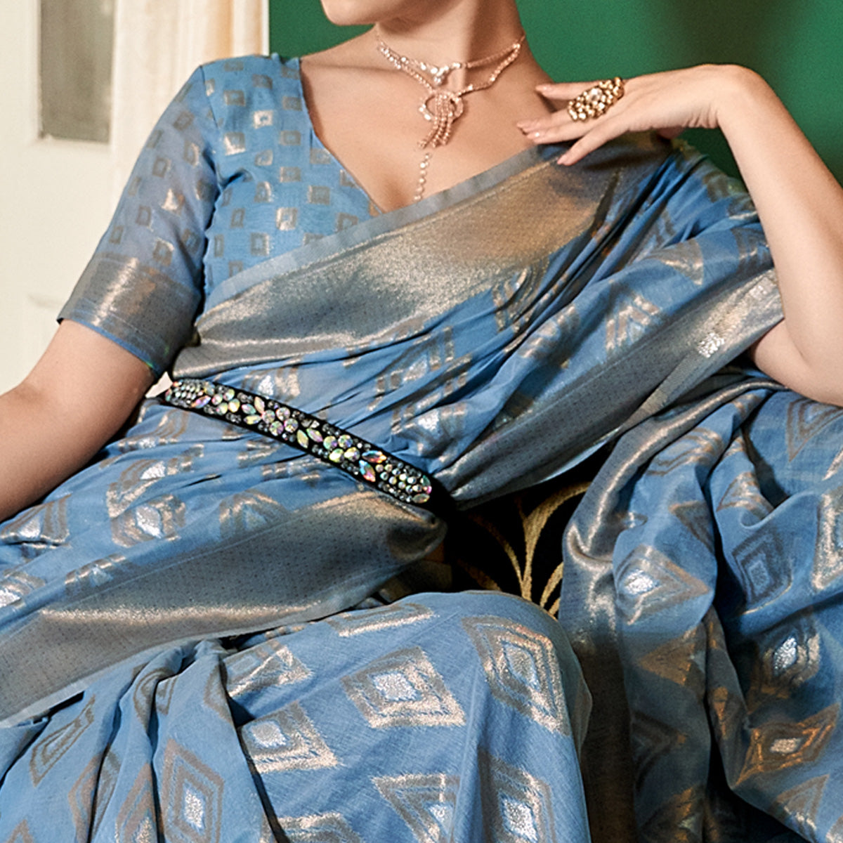 Blue Woven Cotton Silk Saree