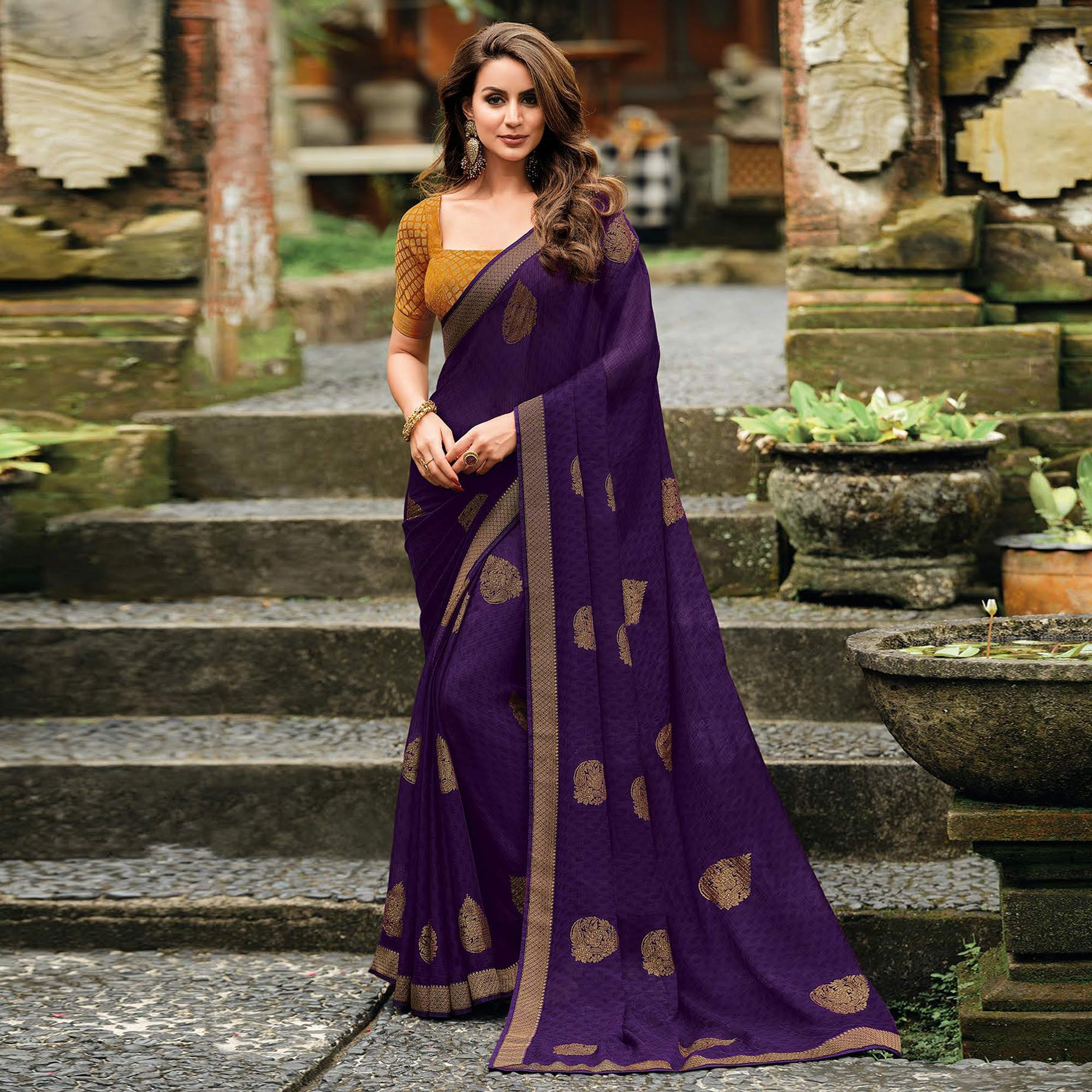 Violet Foil Printed Chiffon Saree