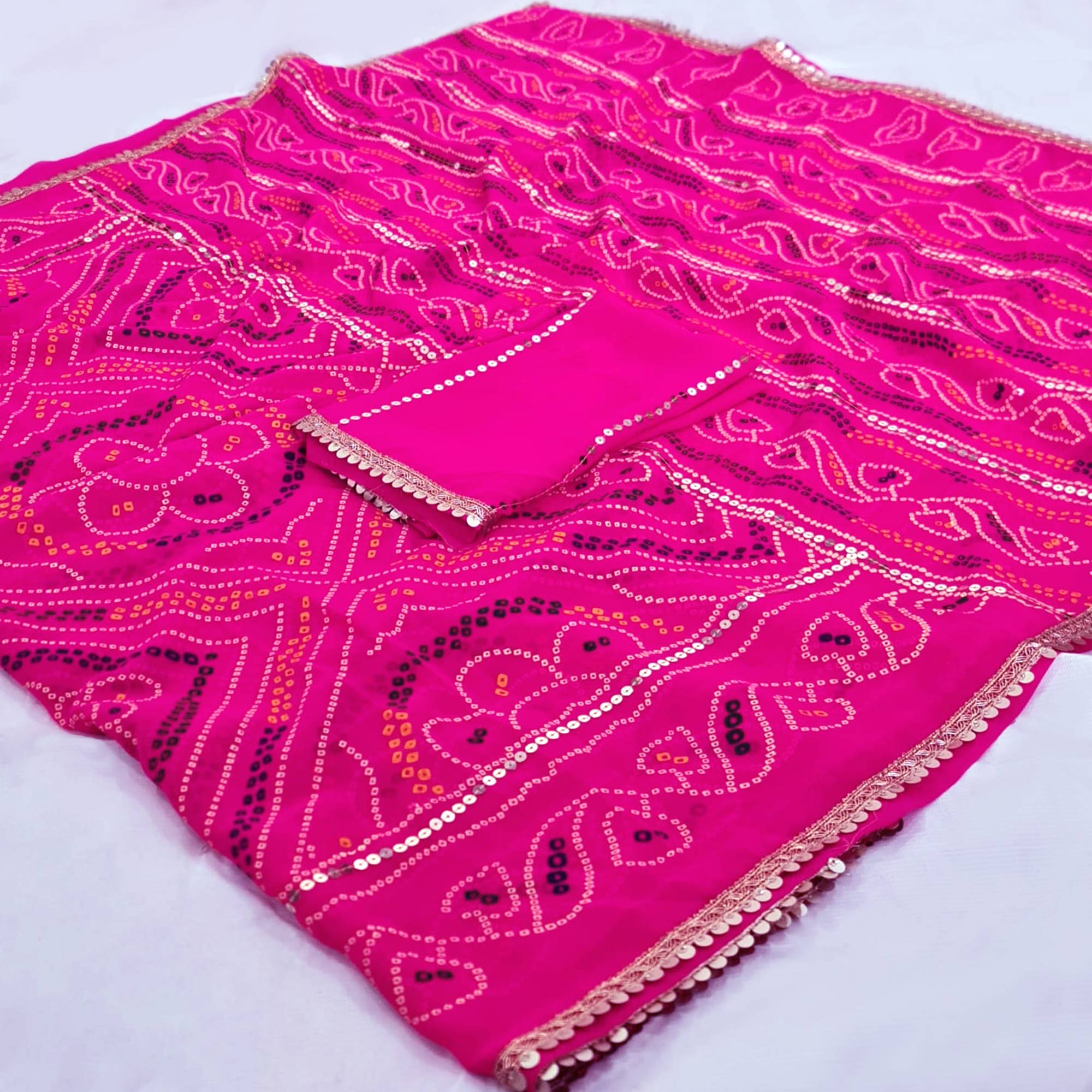 Pink Bandhani Printed With Sequins Work Georgette Saree
