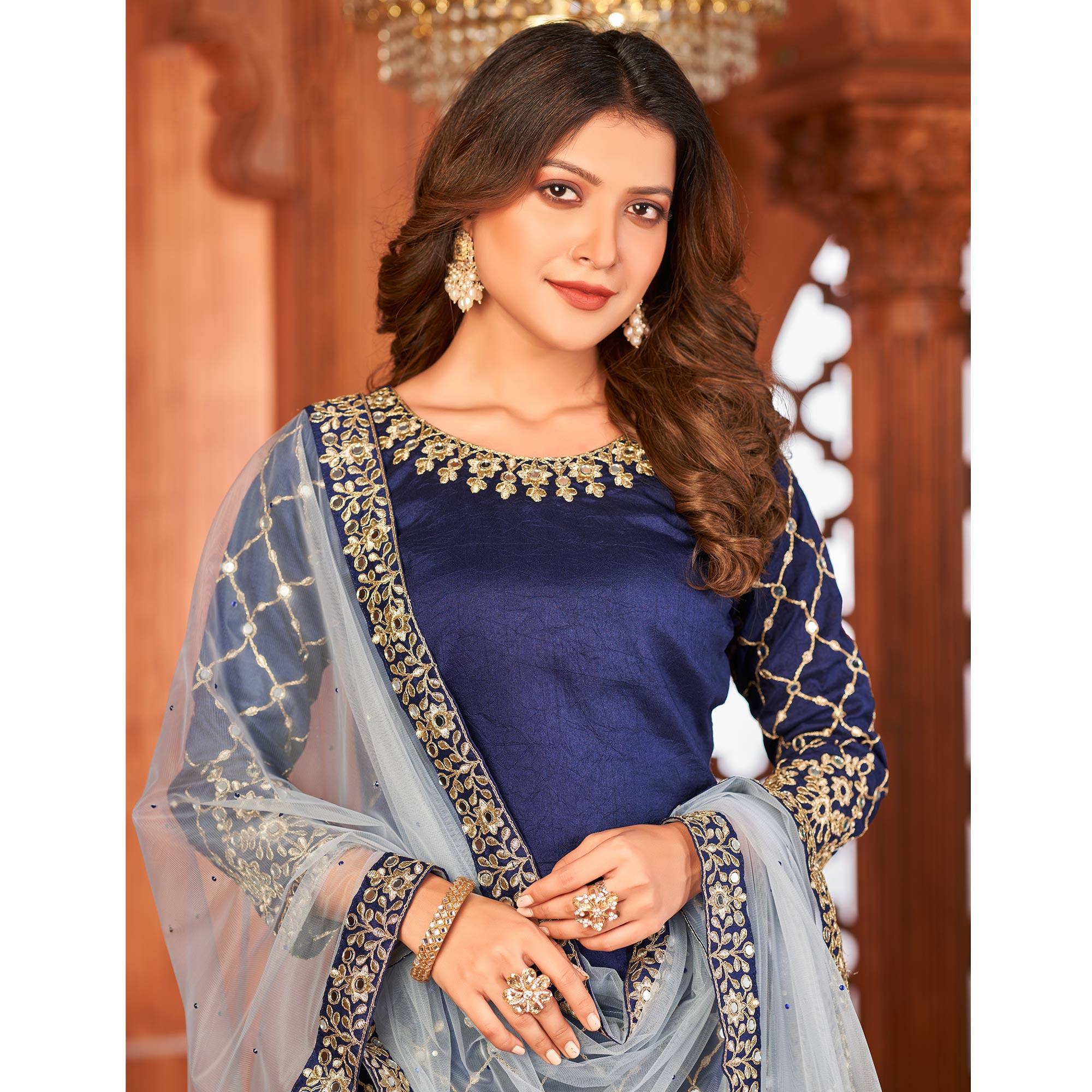 Navy Blue Embroidered Art Silk Patiala Suit