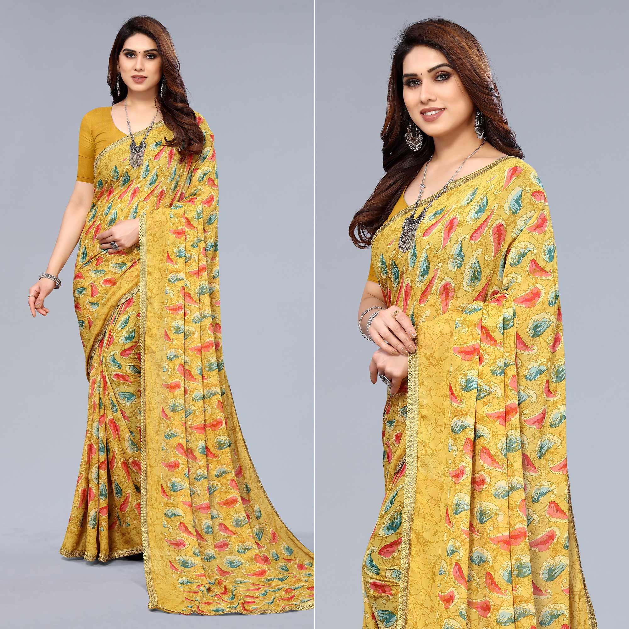Mustard Printed Georgette Saree With Crochet Border