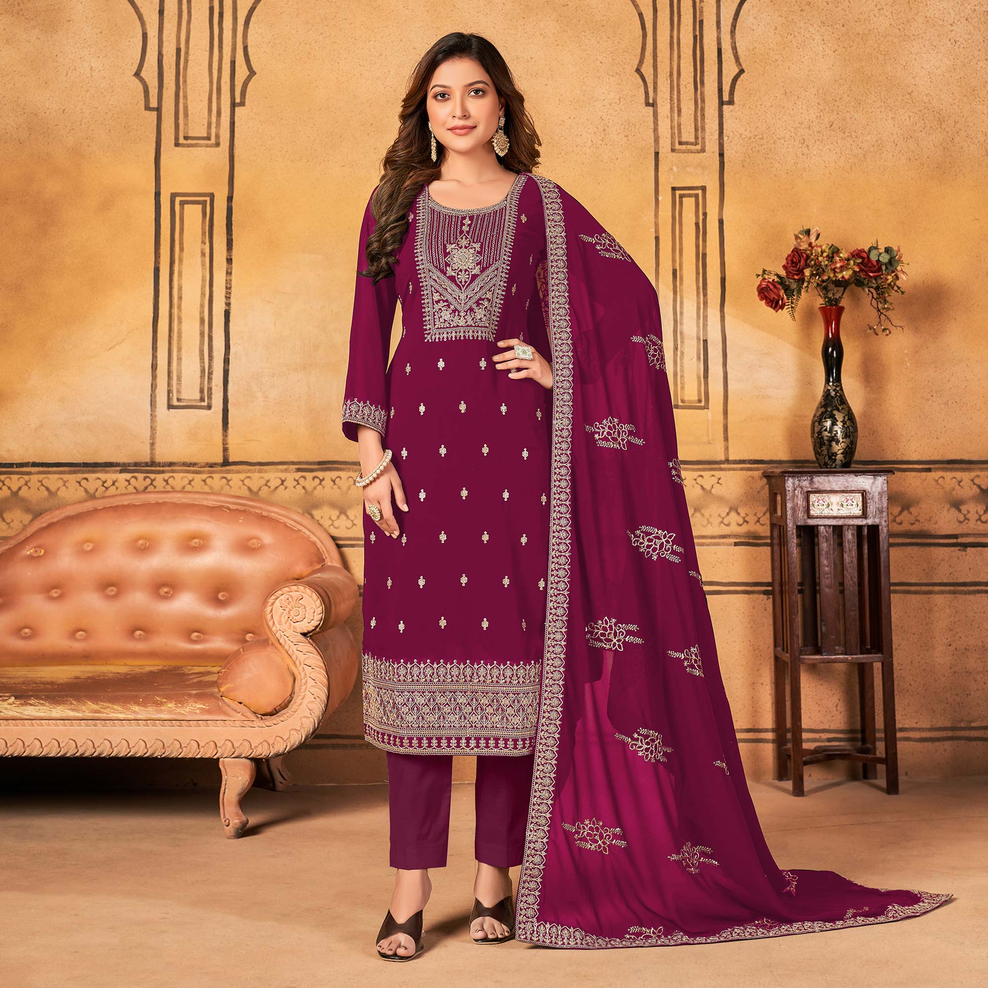 Magenta Pink Floral Embroidered Georgette Salwar Suit