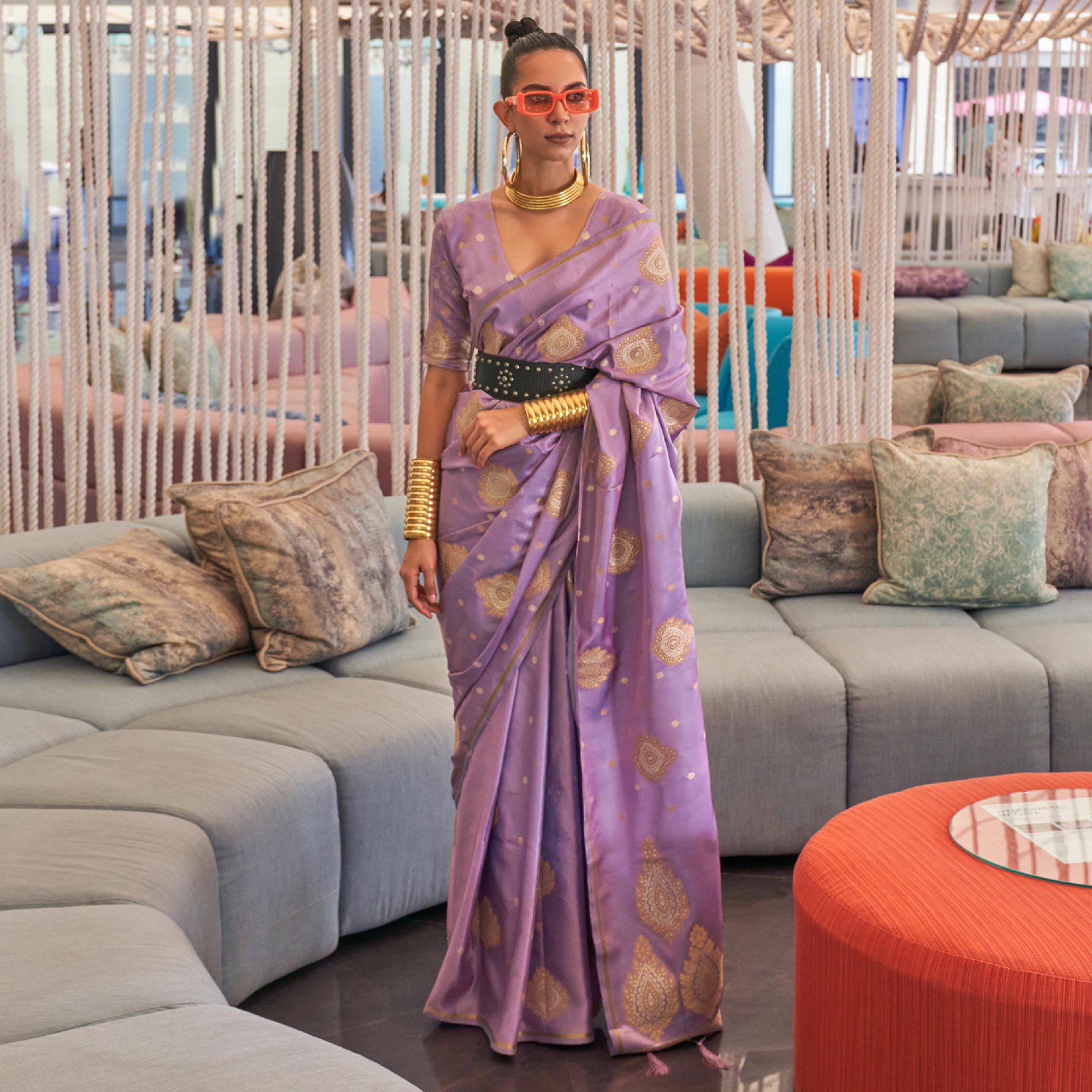 Violet Woven Satin Saree With Tassels