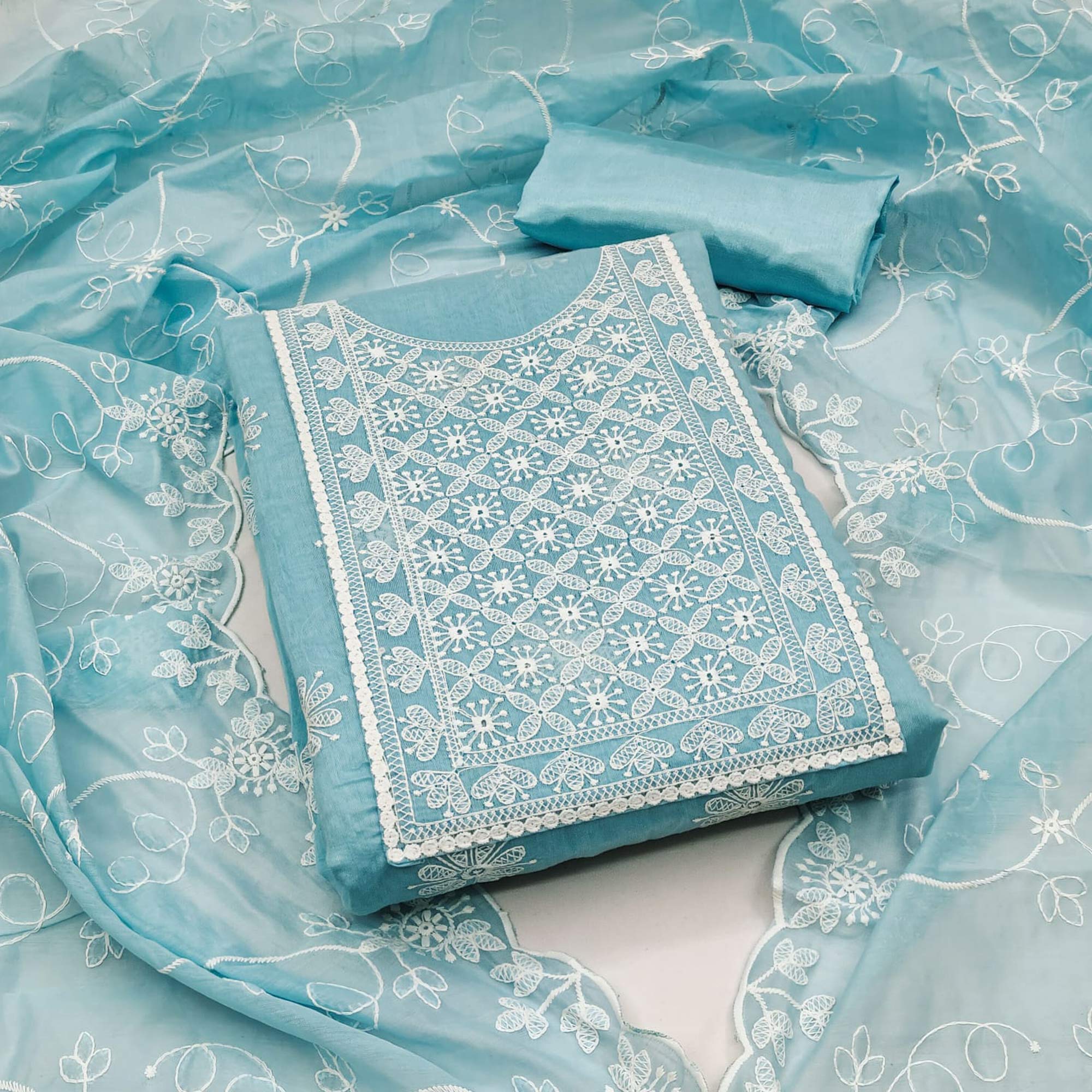 Blue Floral Embroidered Chanderi Dress Material