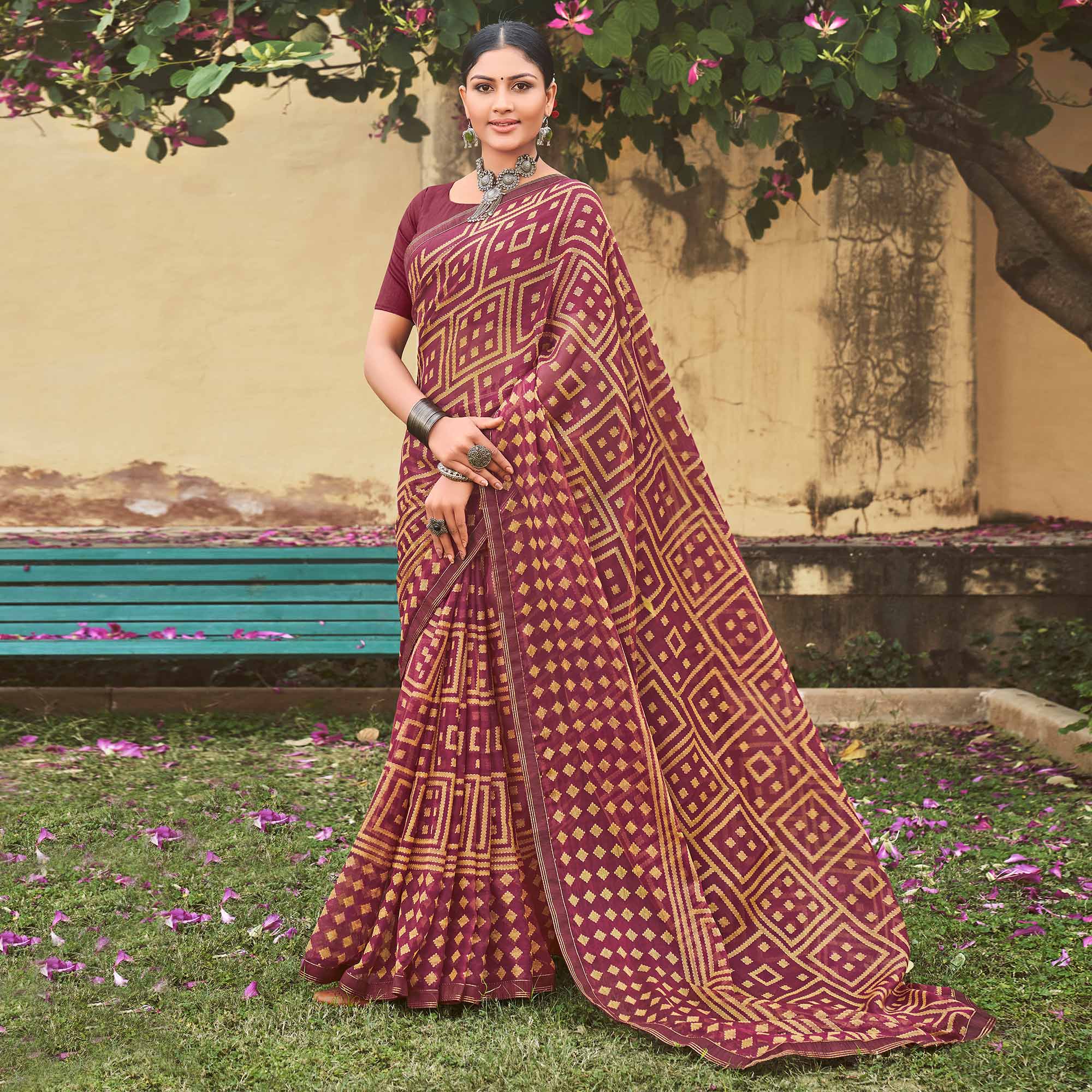 Wine Printed Chiffon Saree