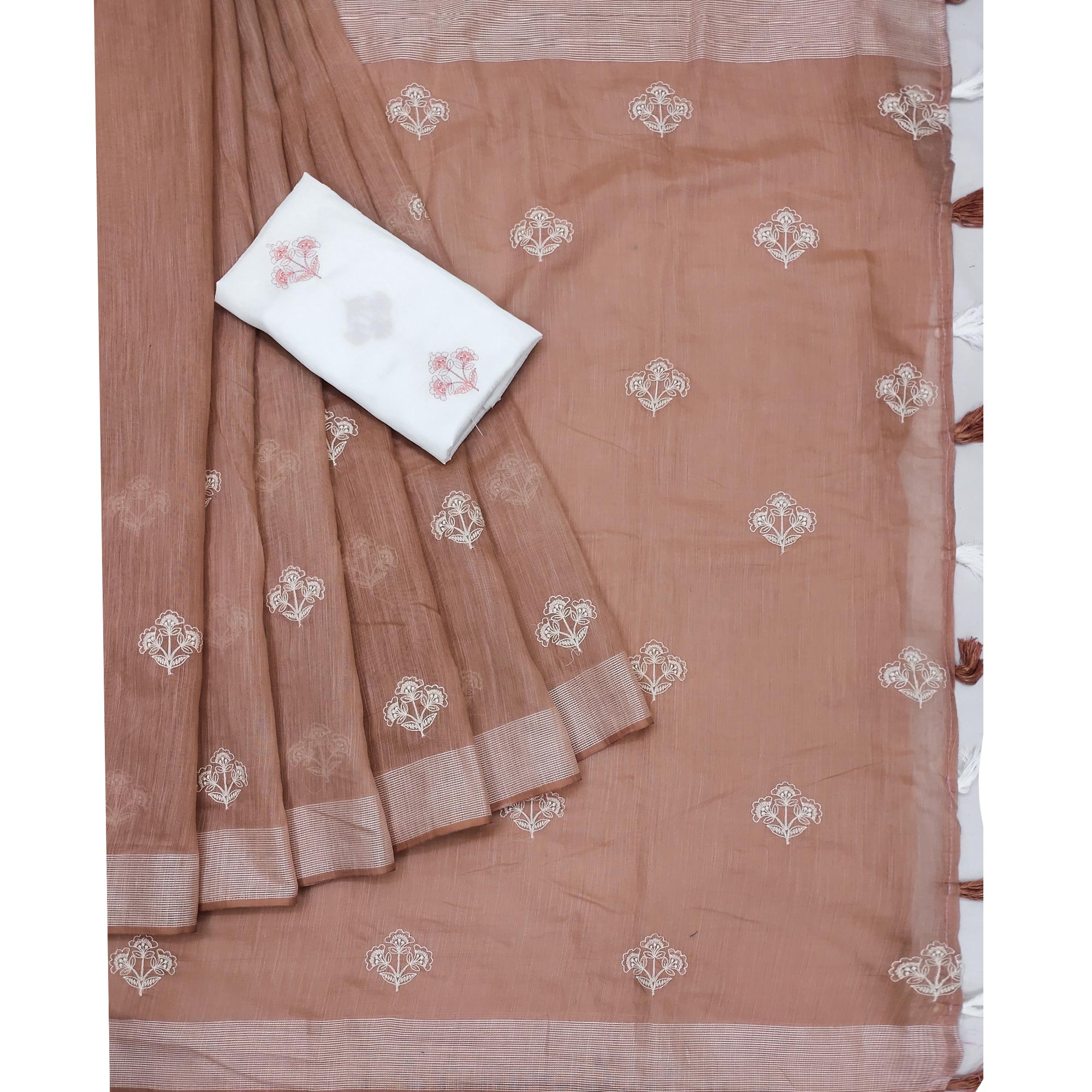 Brown Floral Embroidered Raw Silk Saree