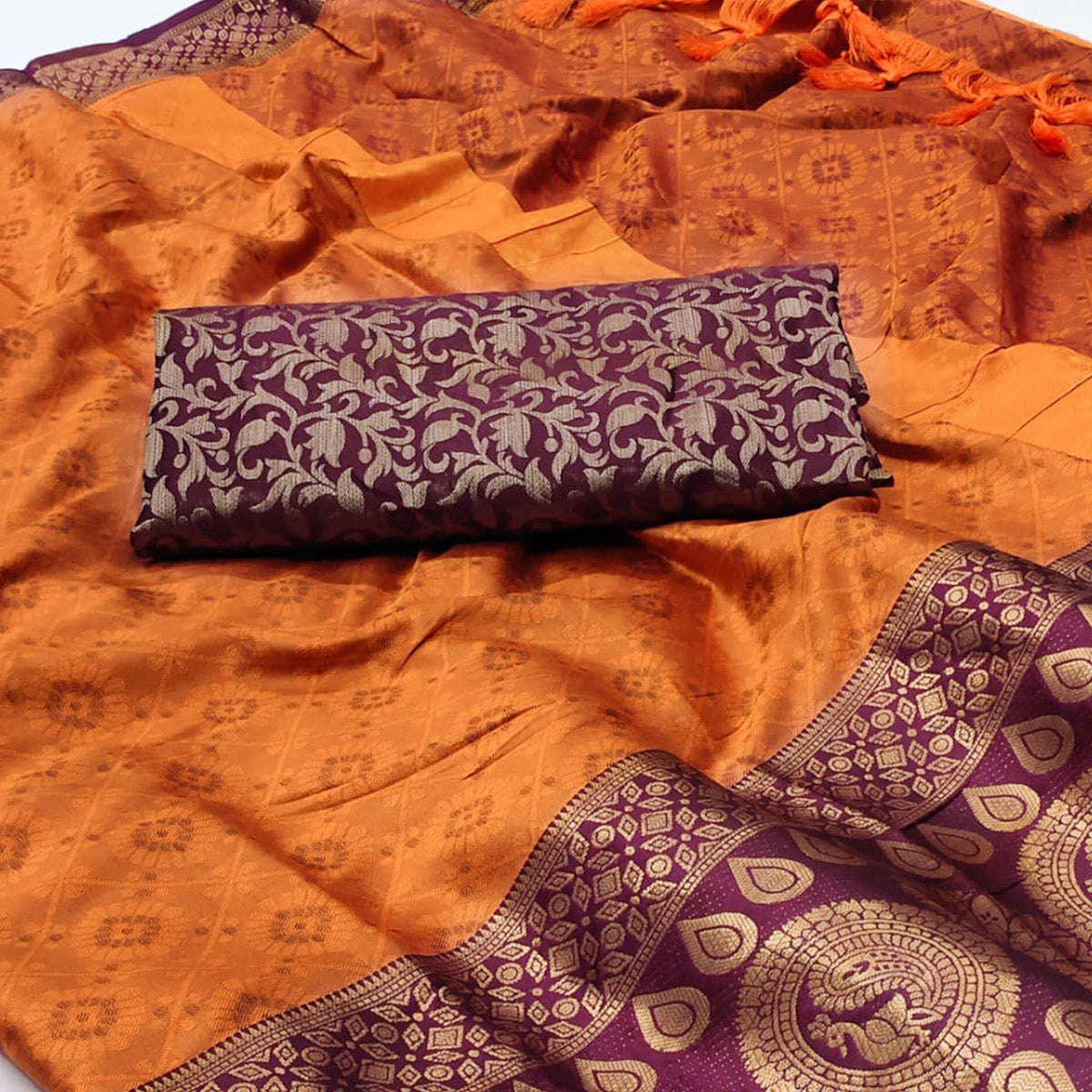 Orange Woven Cotton Silk Saree With Tassels