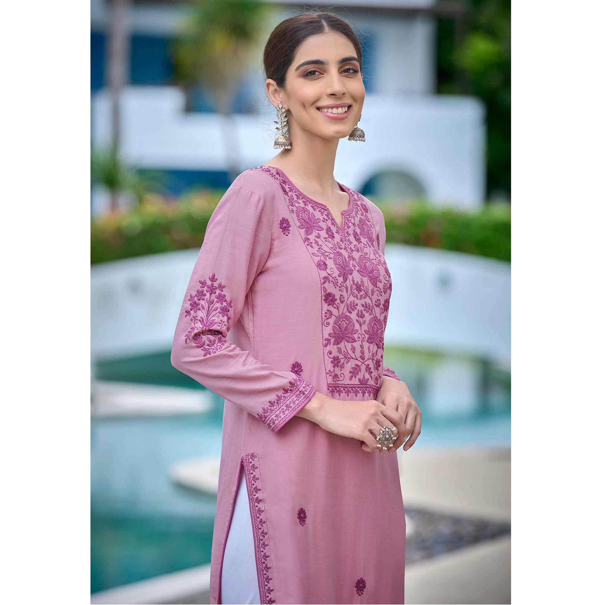 Mauve Lucknowi Embroidered Rayon Kurti