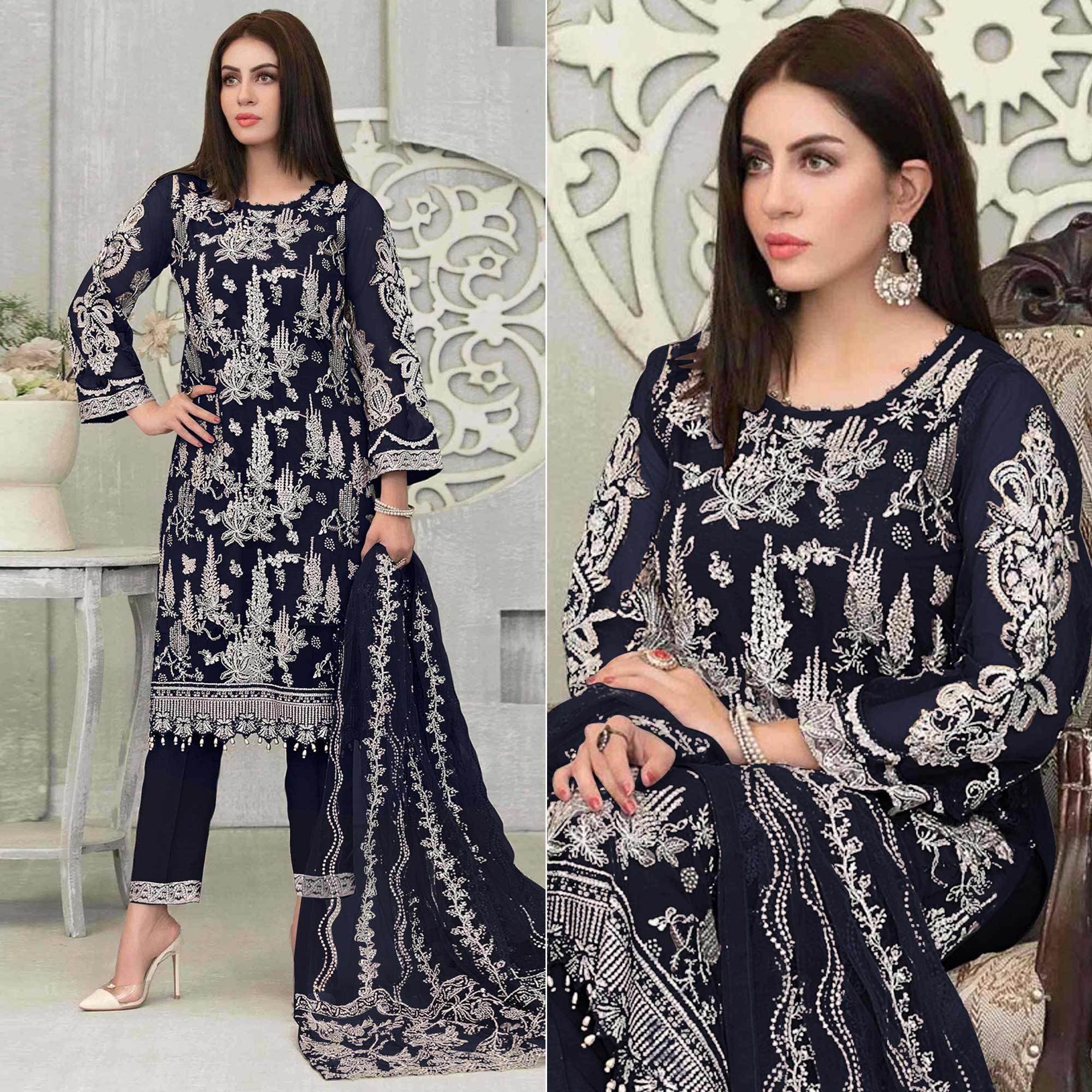 Navy Blue Floral Embroidered Georgette Pakistani Suit