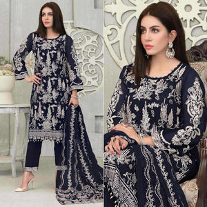 Navy Blue Floral Embroidered Georgette Pakistani Suit