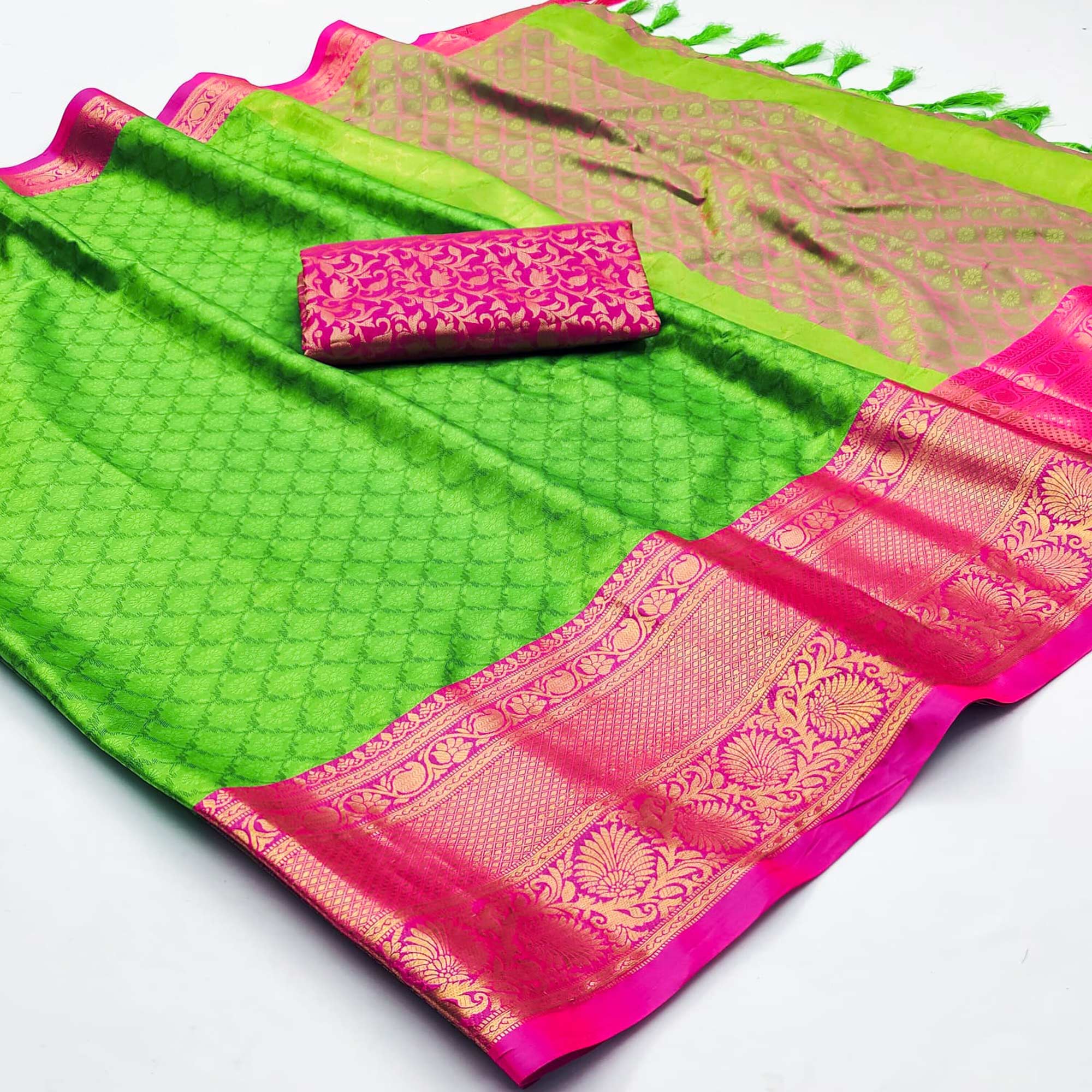 Parrot Green Printed And Woven Cotton Silk Saree With Tassels