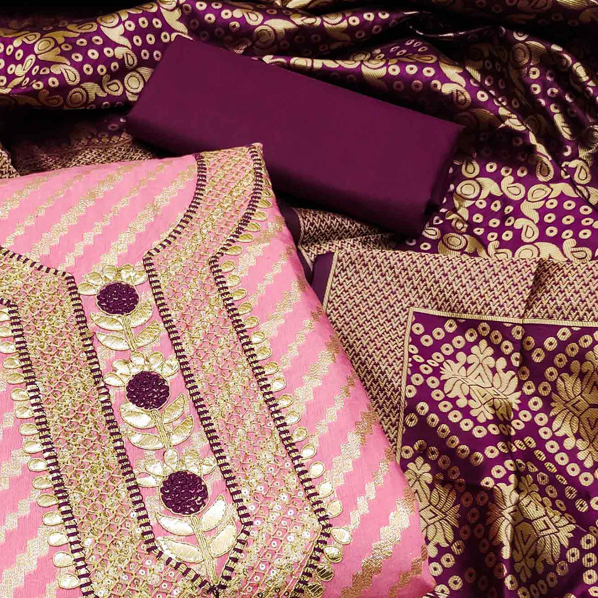 Pink Woven With Embroidered Chanderi Dress Material