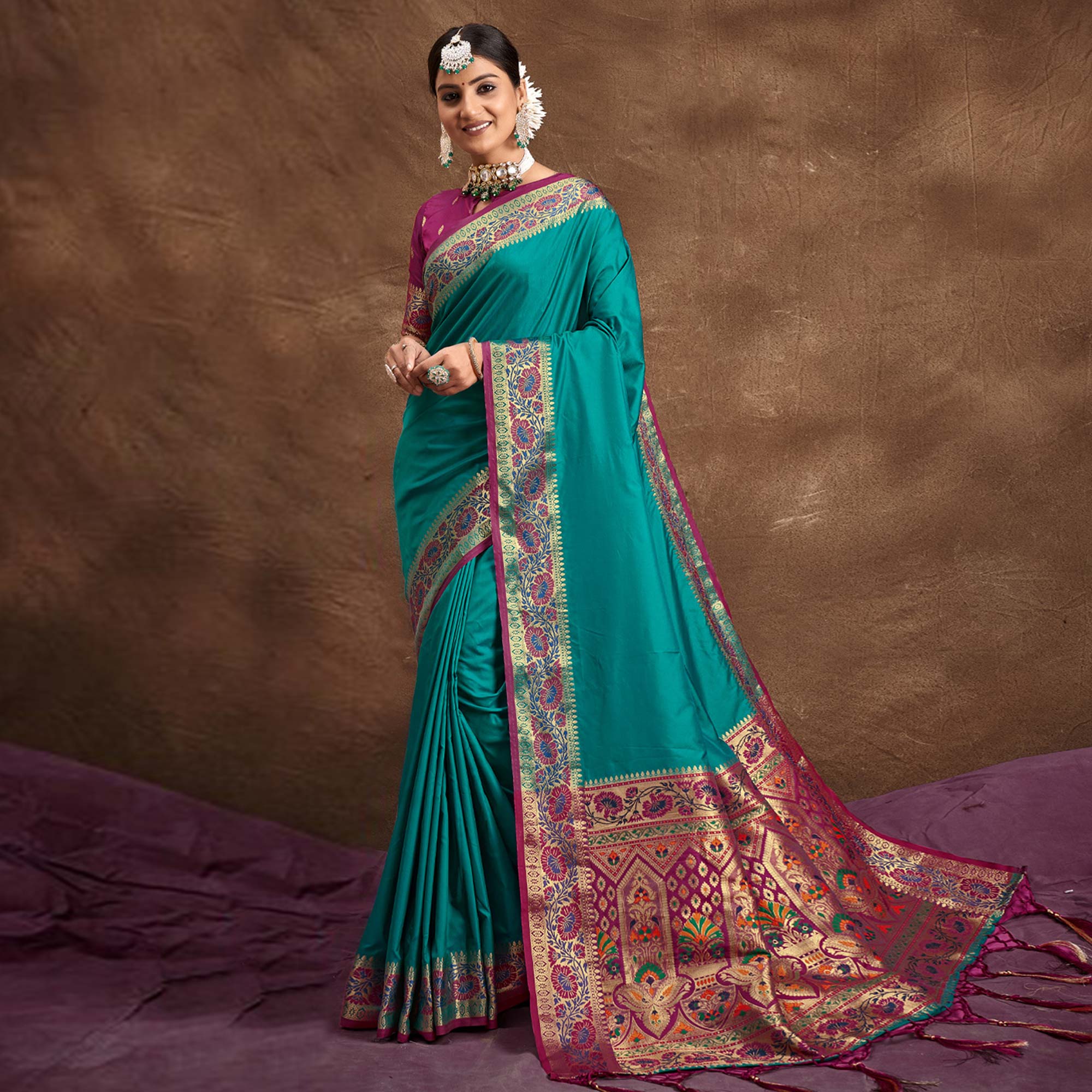 Turquoise Woven Banarasi Silk Saree With Tassels