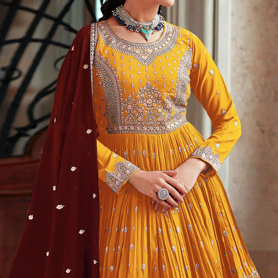 Mustard Embroidered Georgette Straight Suit With Dupatta