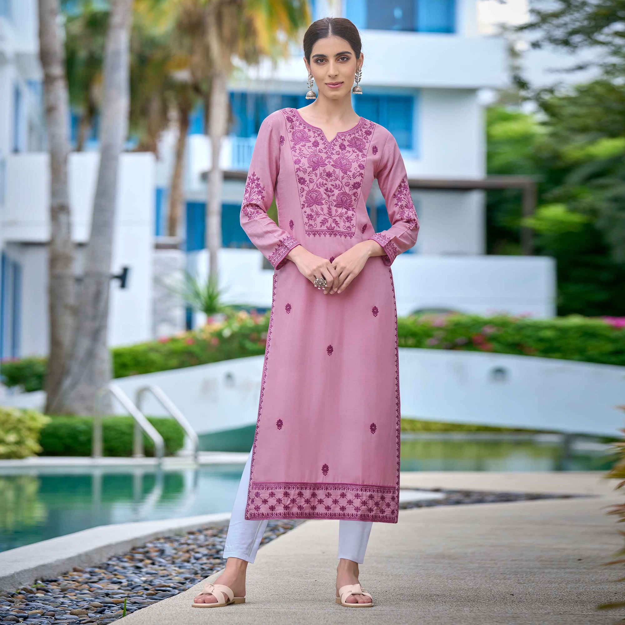 Mauve Lucknowi Embroidered Rayon Kurti