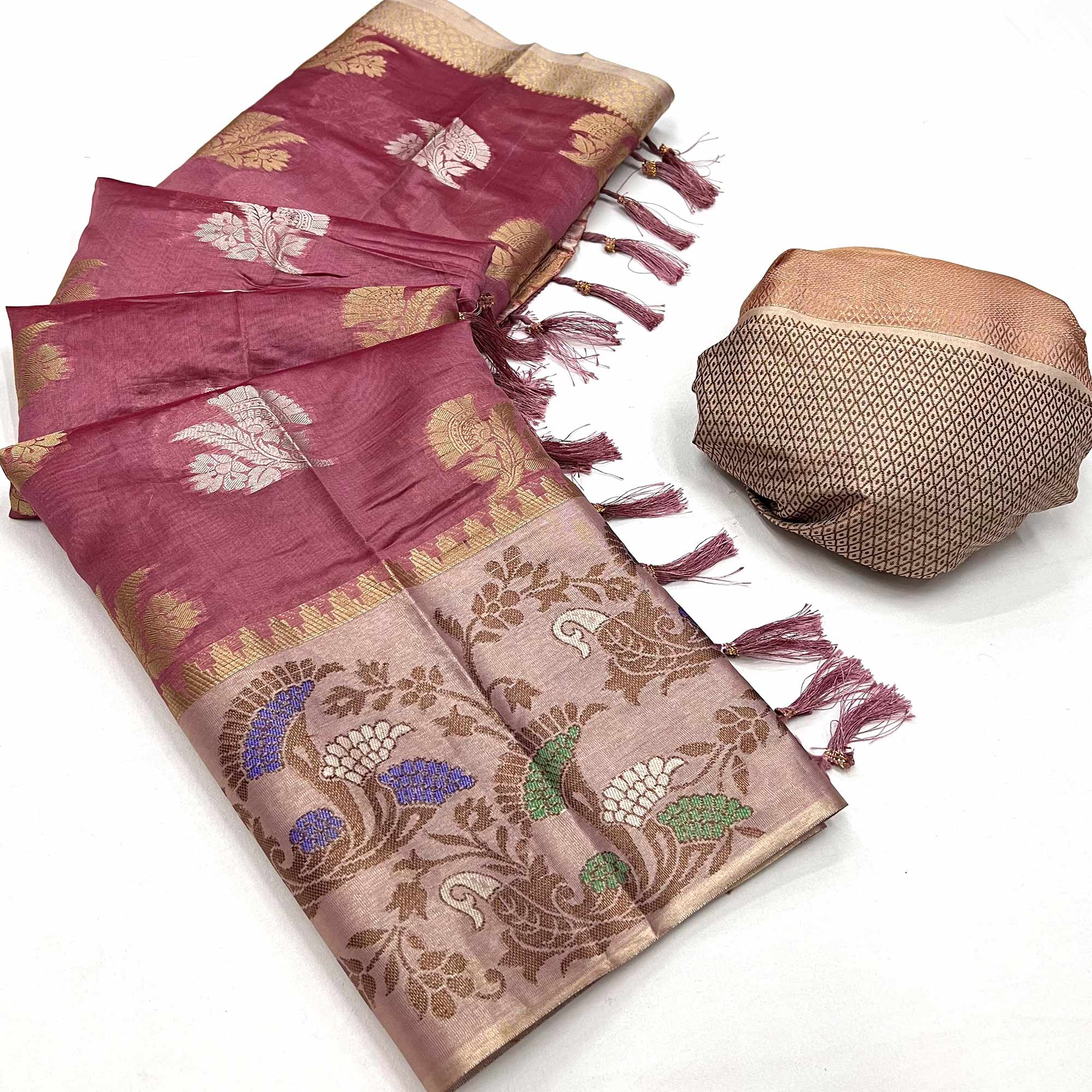 Dusty Pink Floral Woven Organza Saree With Tassels