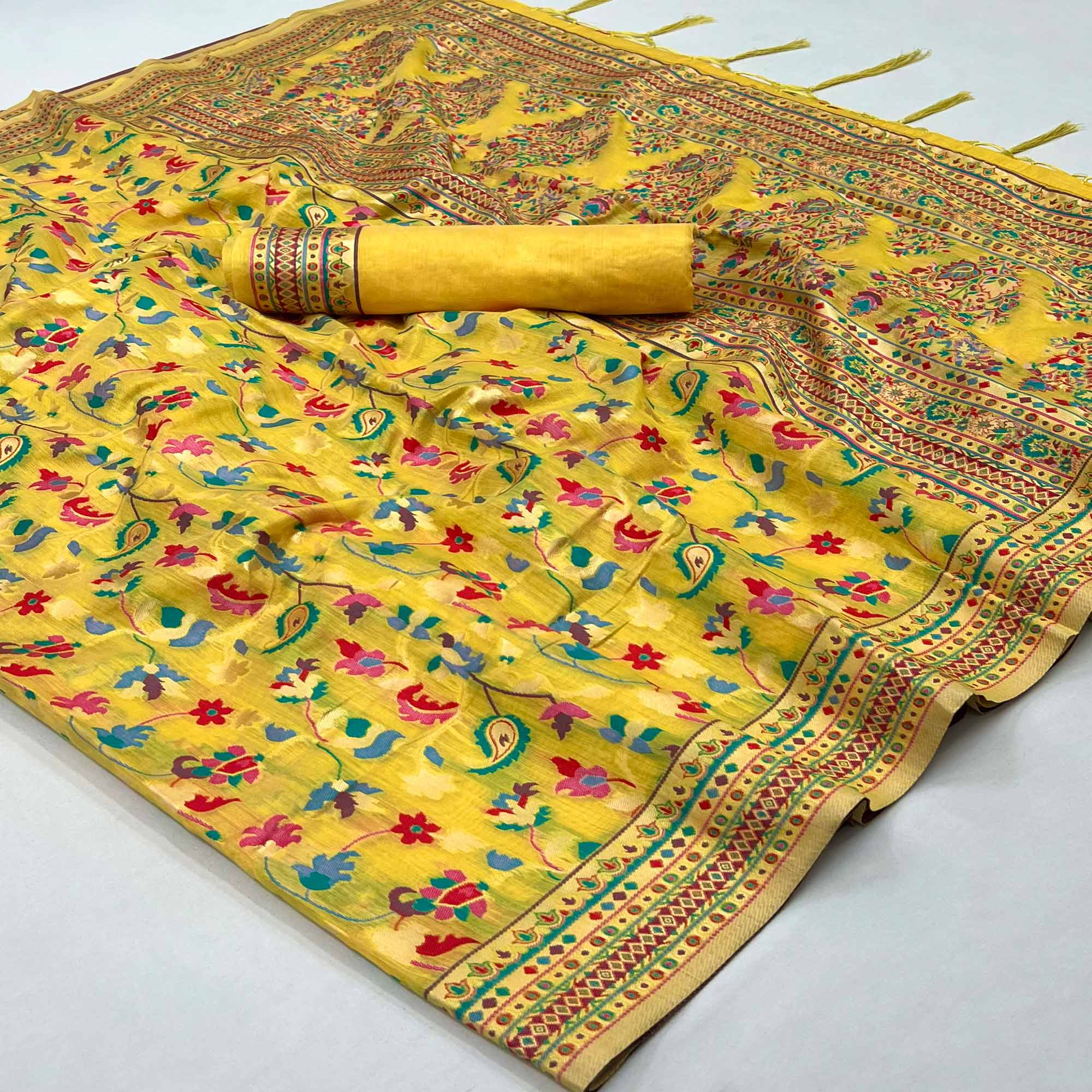 Yellow Floral Woven Chanderi Saree