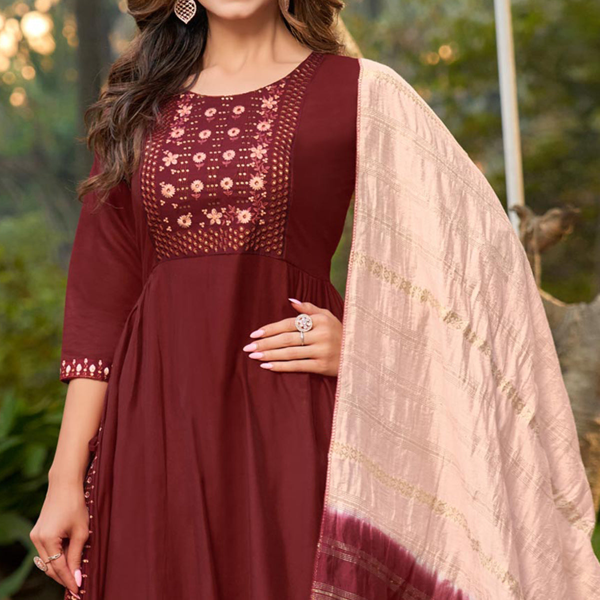 Maroon Floral Embroidered Pure Silk Naira Cut Suit