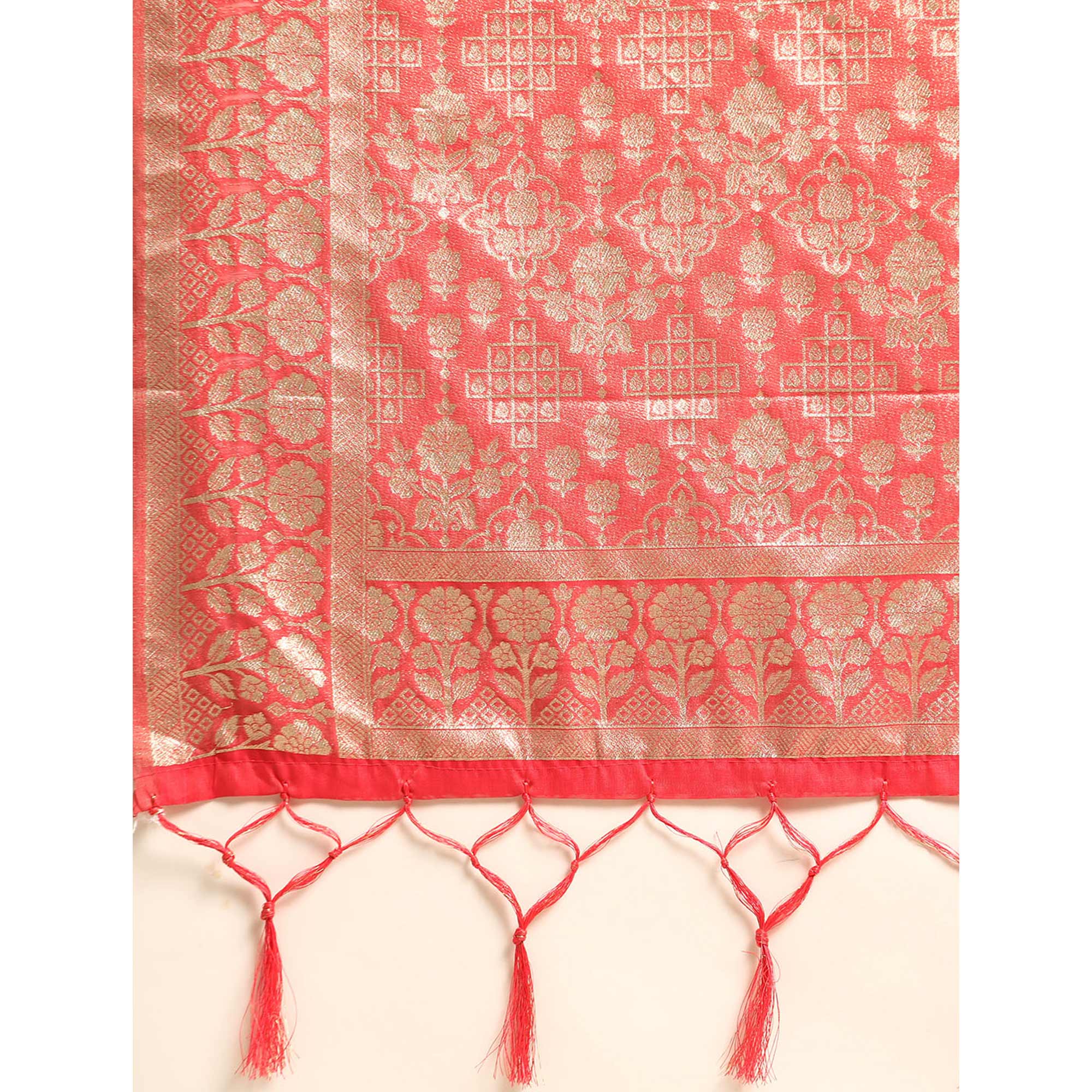 Pink Floral Woven Organza Silk Saree With Tassels