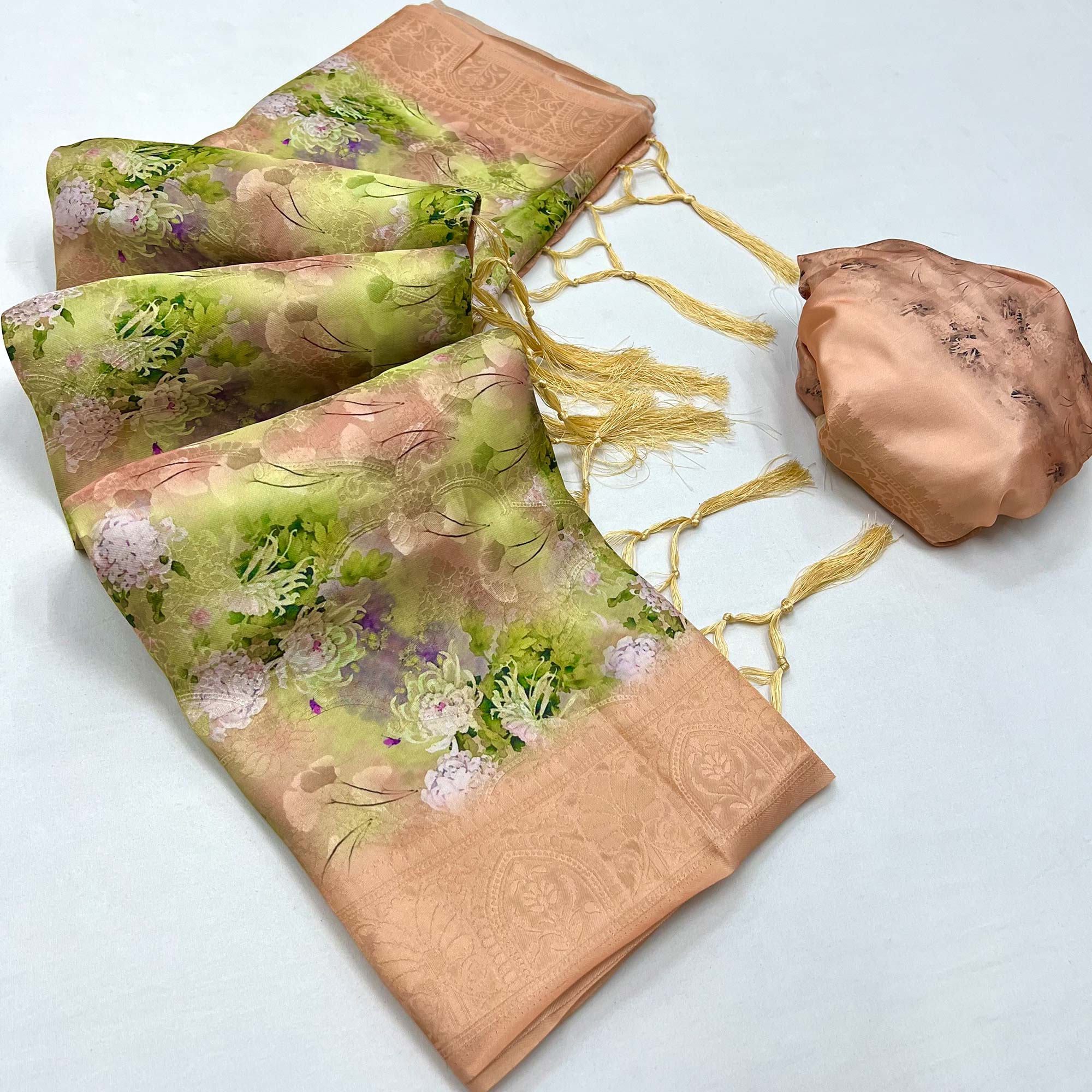 Peach Floral Digital Printed Jacquard Saree