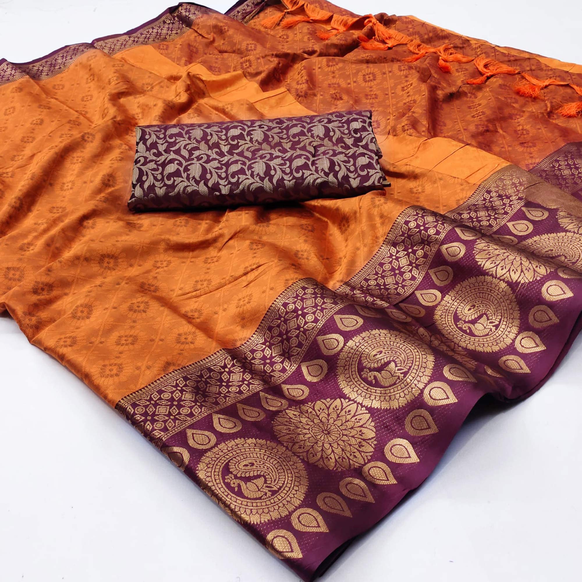 Orange Woven Cotton Silk Saree With Tassels