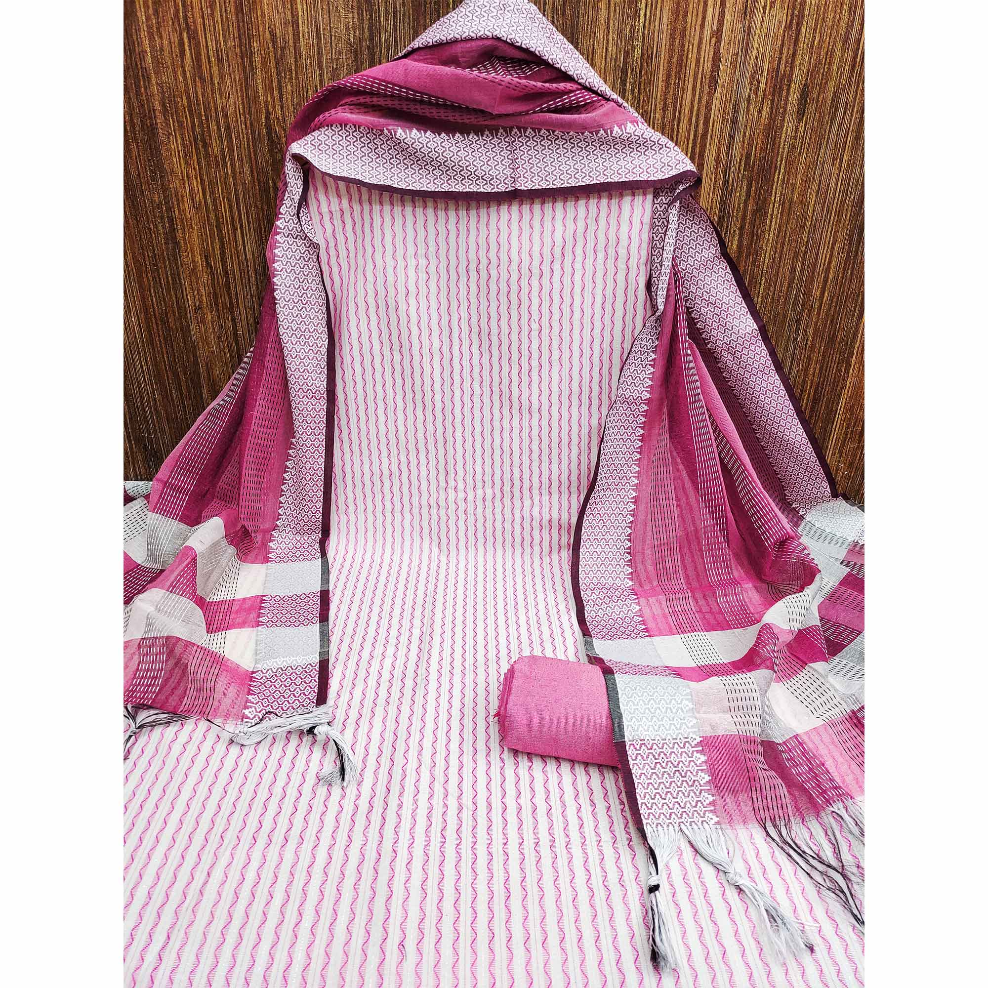 Pink Striped Printed With Woven Cotton Blend Dress Material