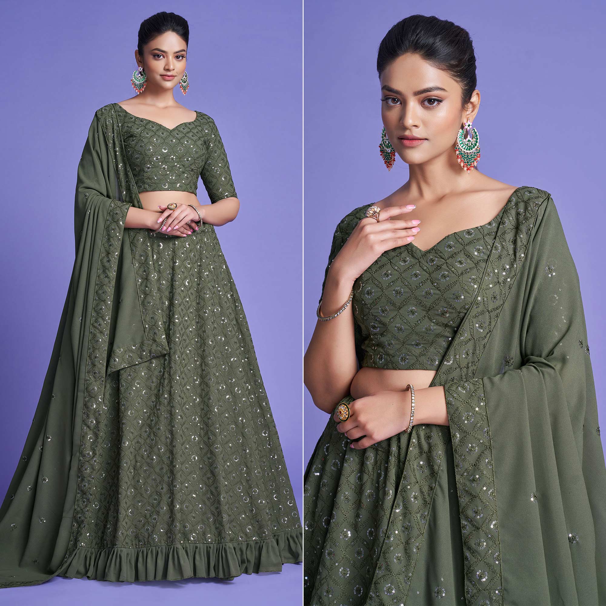 Mahendi Green Sequins Embroidered Georgette Lehenga Choli