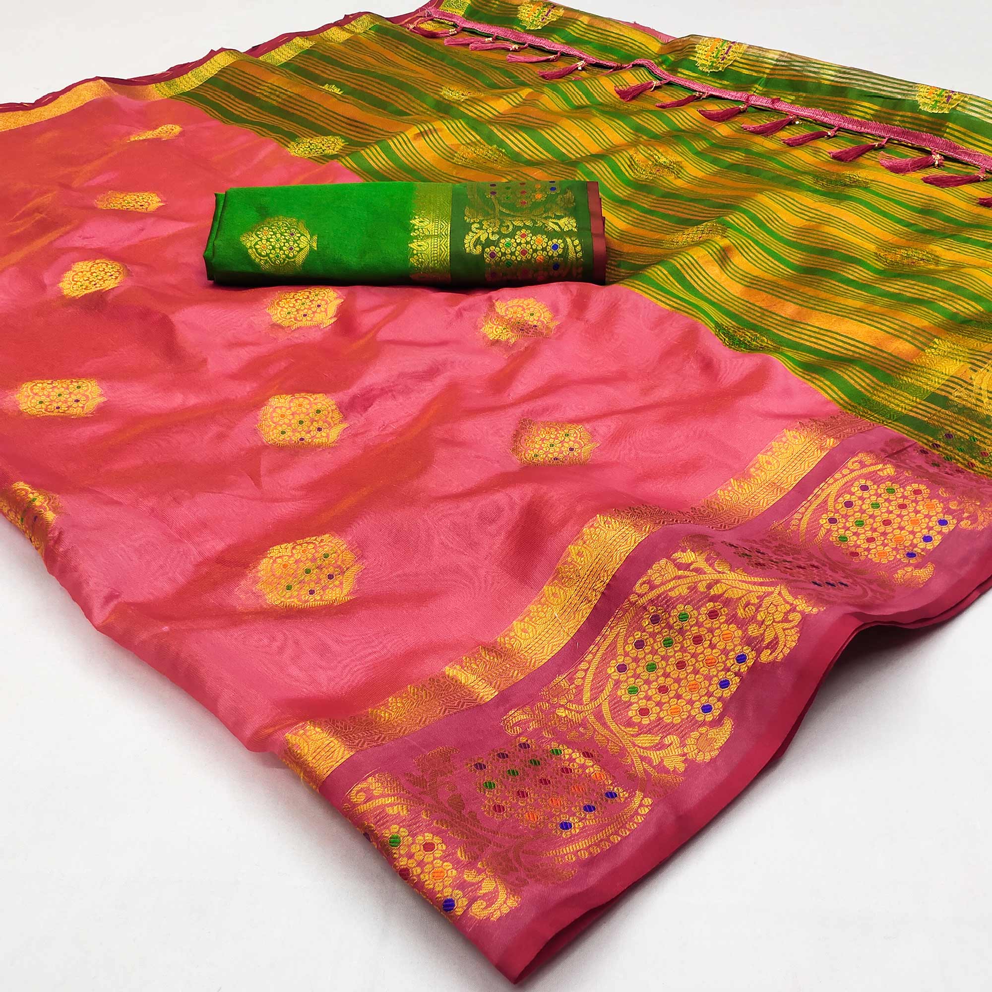Pink Floral Woven Organza Saree With Tassels