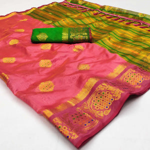 Pink Floral Woven Organza Saree With Tassels