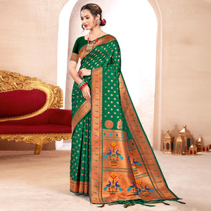 Green Woven Art Silk Paithani Saree With Tassels