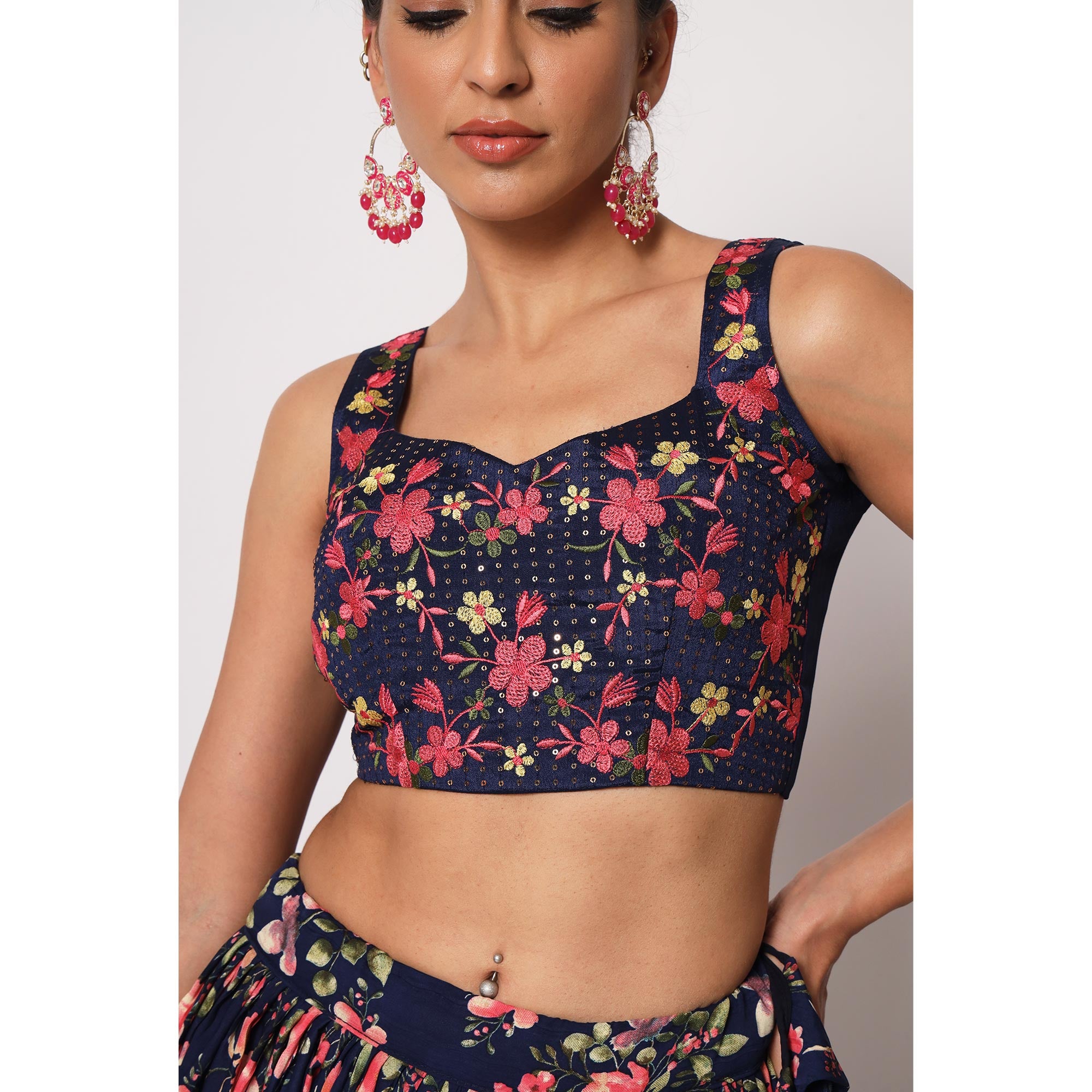 Navy Blue Floral Printed Art Silk Lehenga Choli