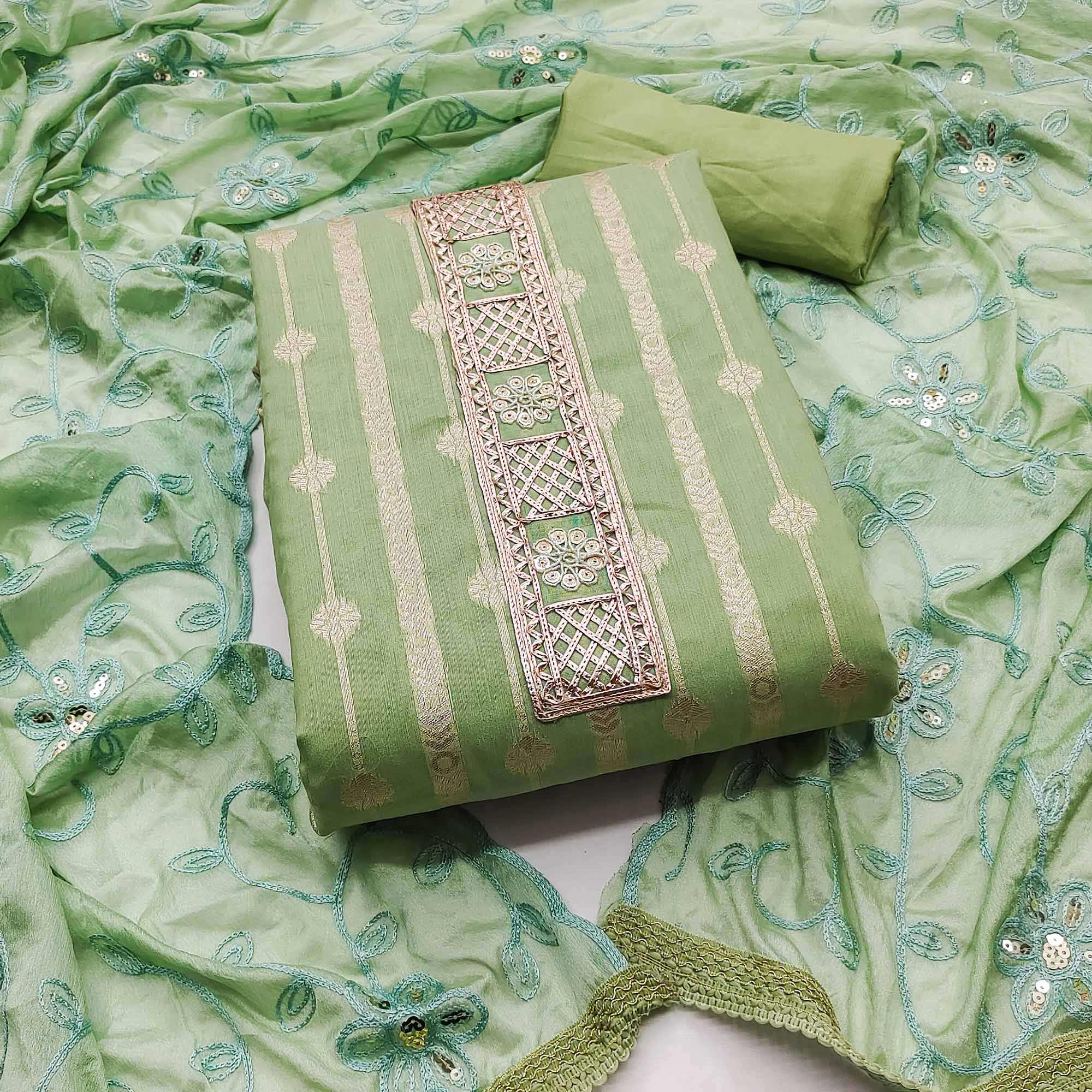 Green Woven Banarasi Silk Dress Material