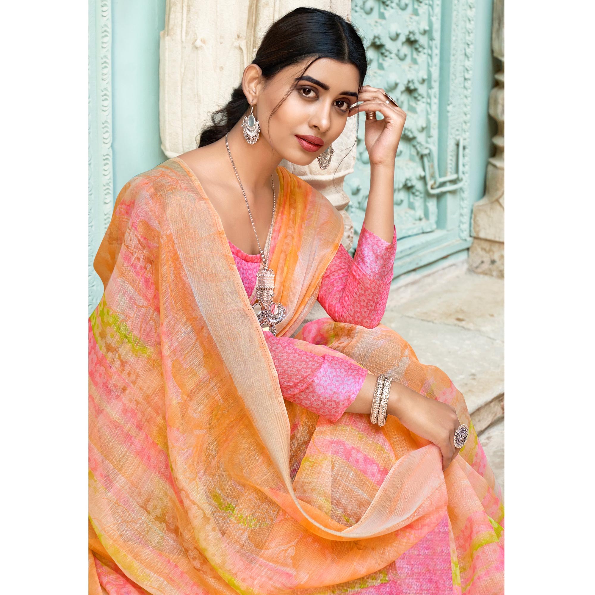 Peach Printed Cotton Blend Saree