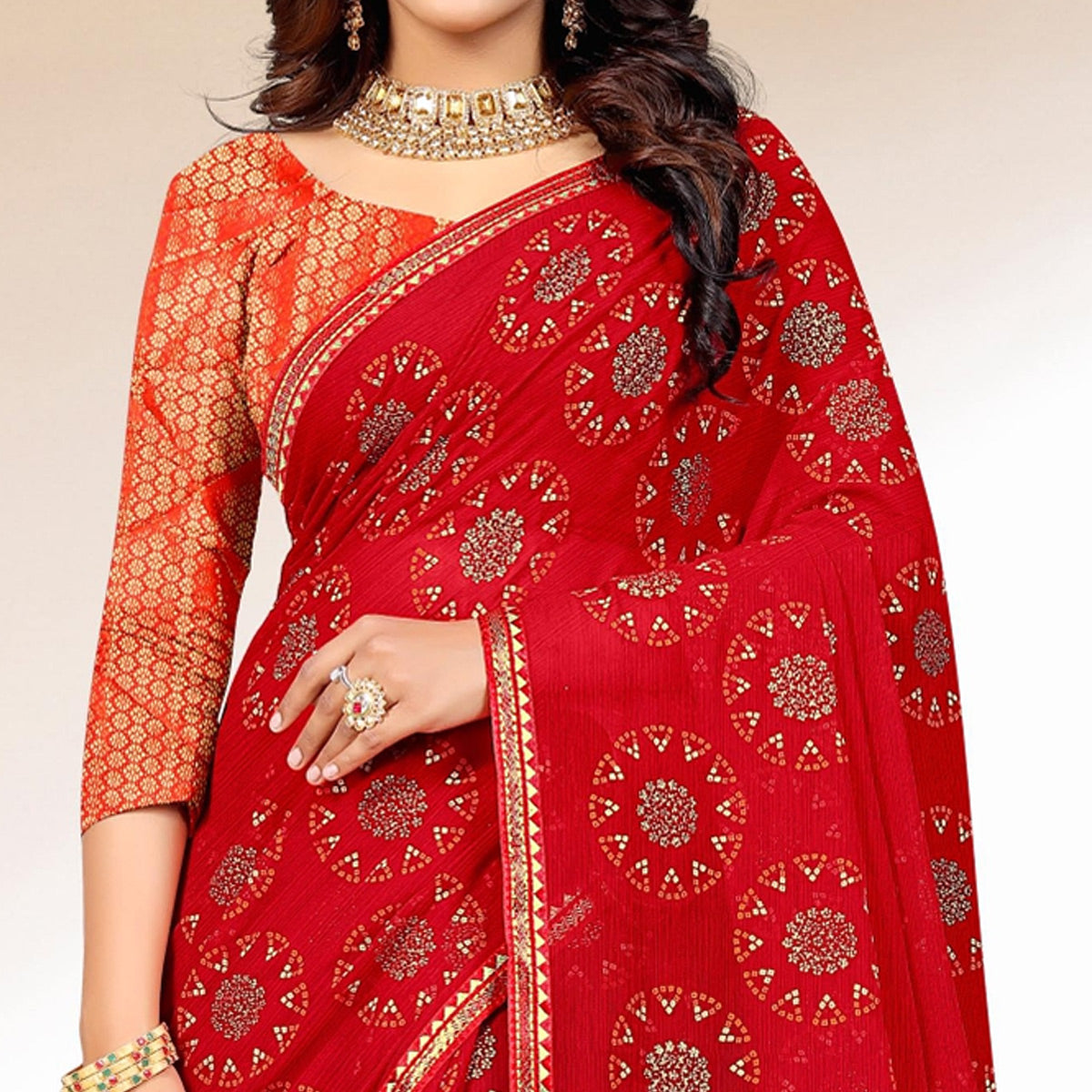 Red Bandhani Printed Chiffon Saree