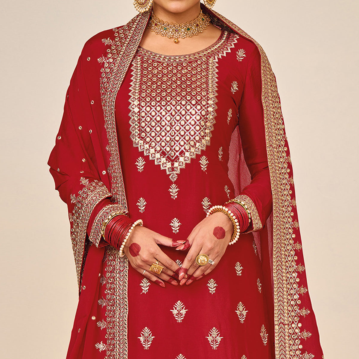 Red Embroidered Georgette Sharara Suit