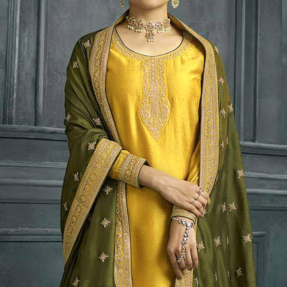 Yellow Embroidered Georgette Semi Stitched Palazzo Suit