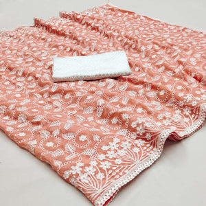 Peach Lucknowi Embroidered Organza Saree