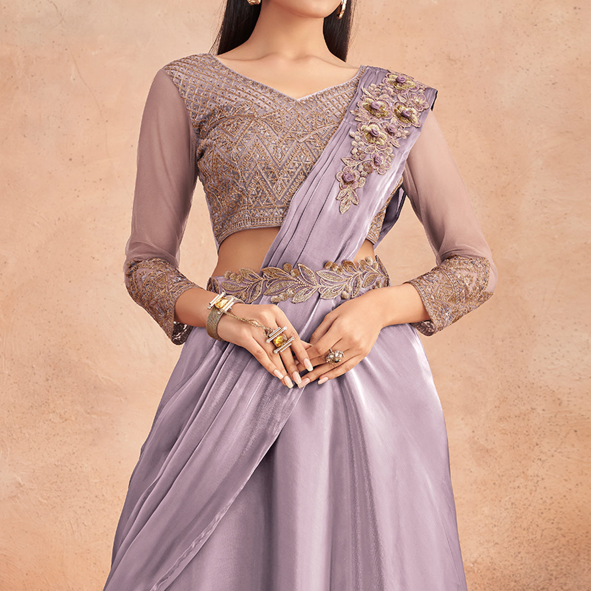 Light Purple Sequins Embroidered Ready to Wear Art Silk Saree