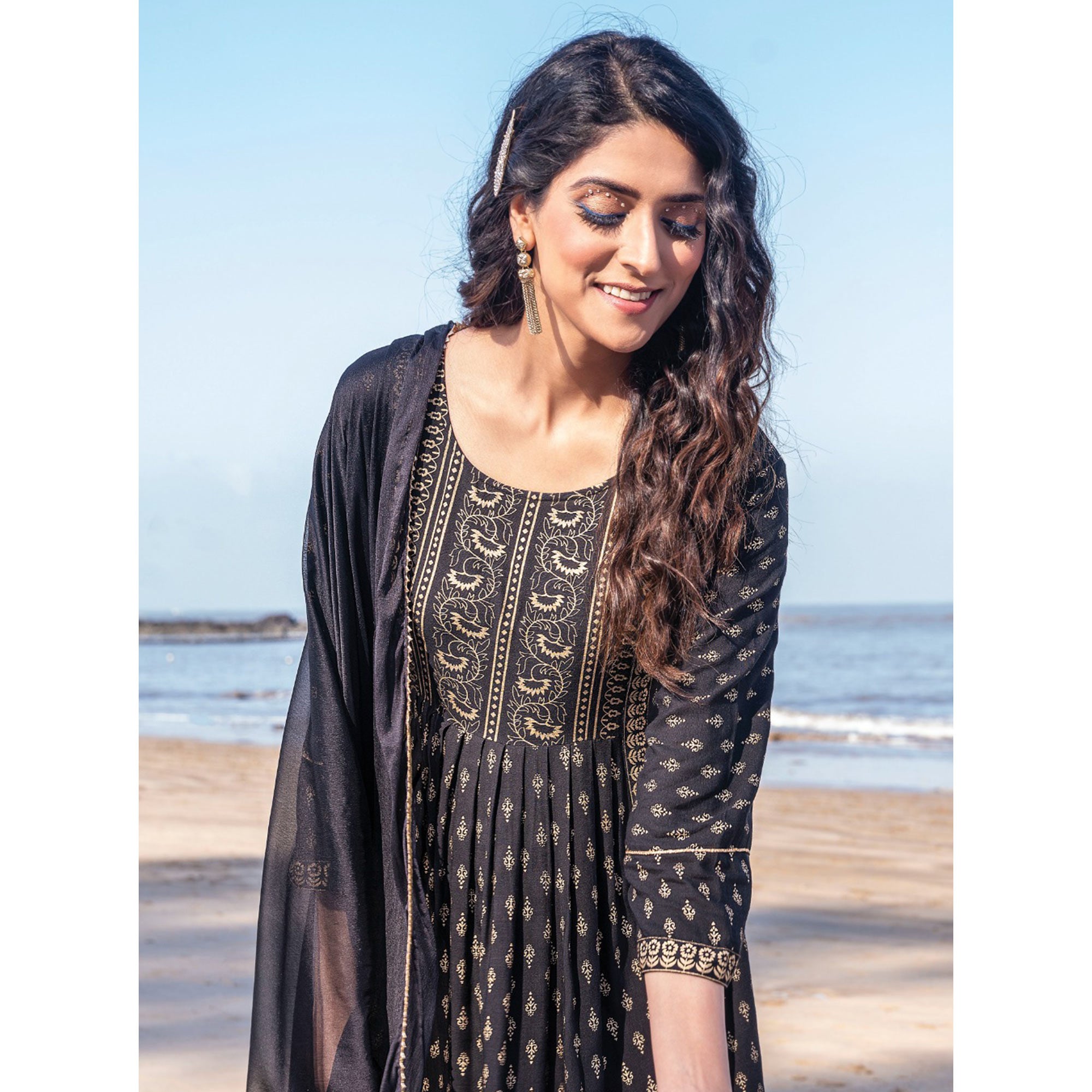 Black Foil Printed Rayon Naira Cut Suit