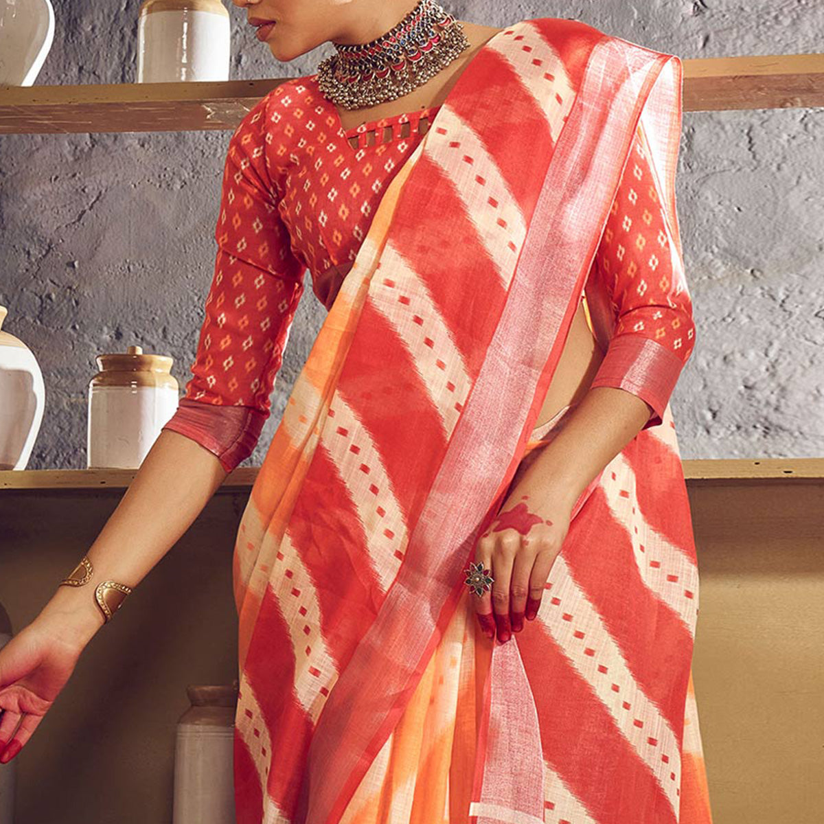 Orange & Red Printed With Zari Border Linen Saree