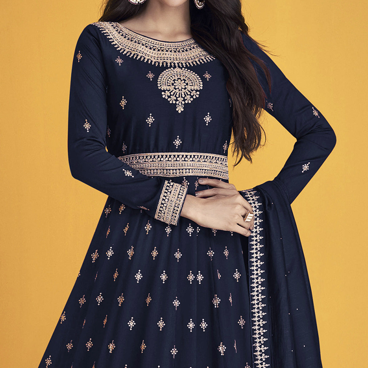 Navy Blue Sequins Embroidered Georgette Semi Stitched Anarkali Suit