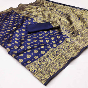 Navy Blue Woven Jacquard Saree With Tassels