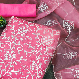 Gajri Pink Floral Embroidered Organza Dress Material