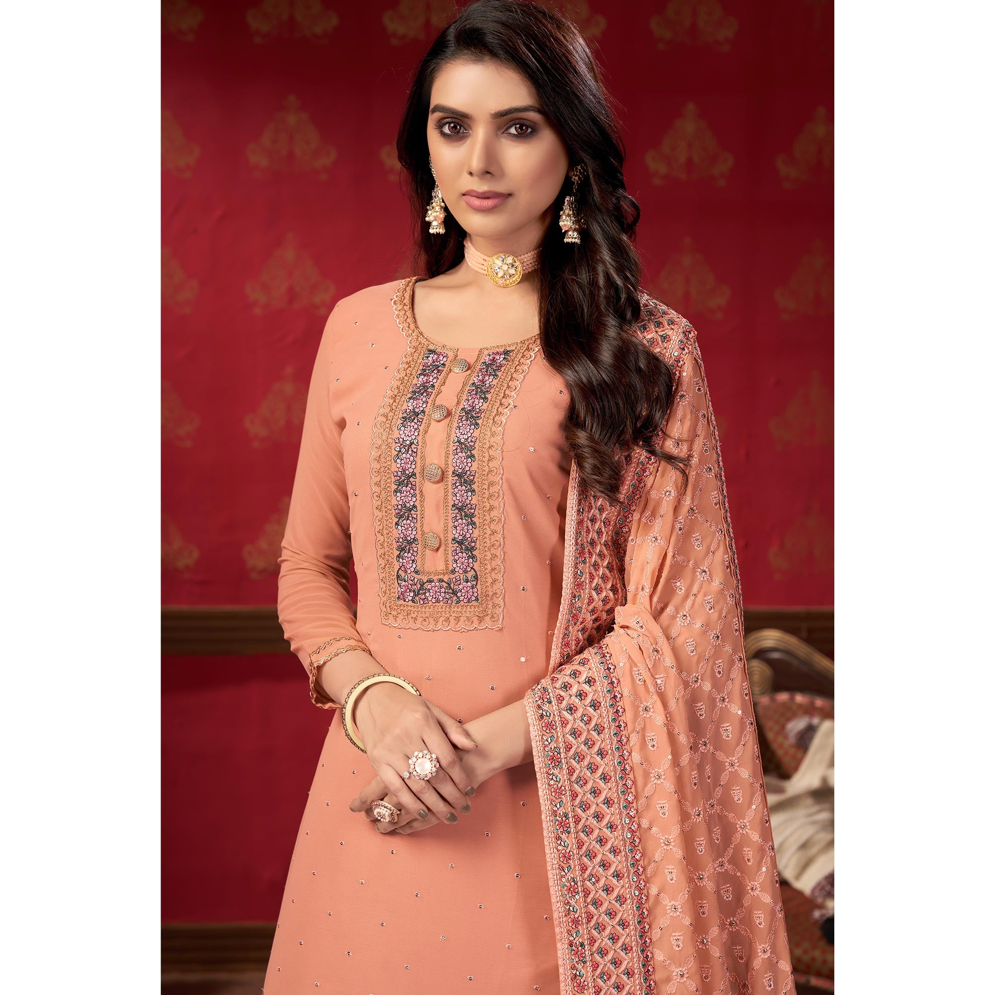 Peach Embroidered Georgette Sharara Suit