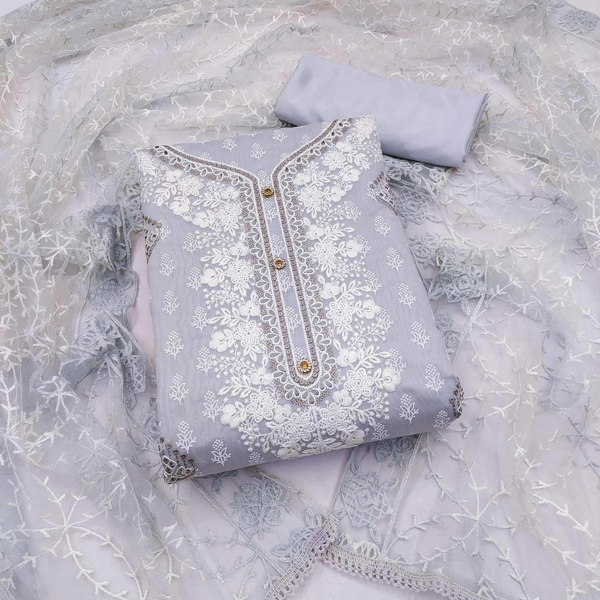 Grey Floral Embroidered Chanderi Dress Material