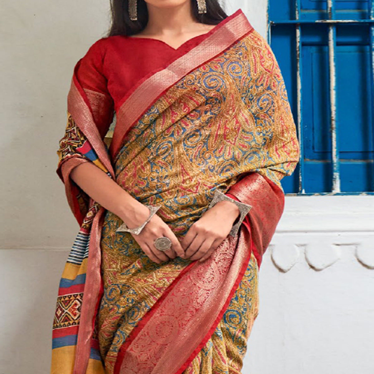 Mustard-Grey Printed With Woven Border Raw Silk Saree