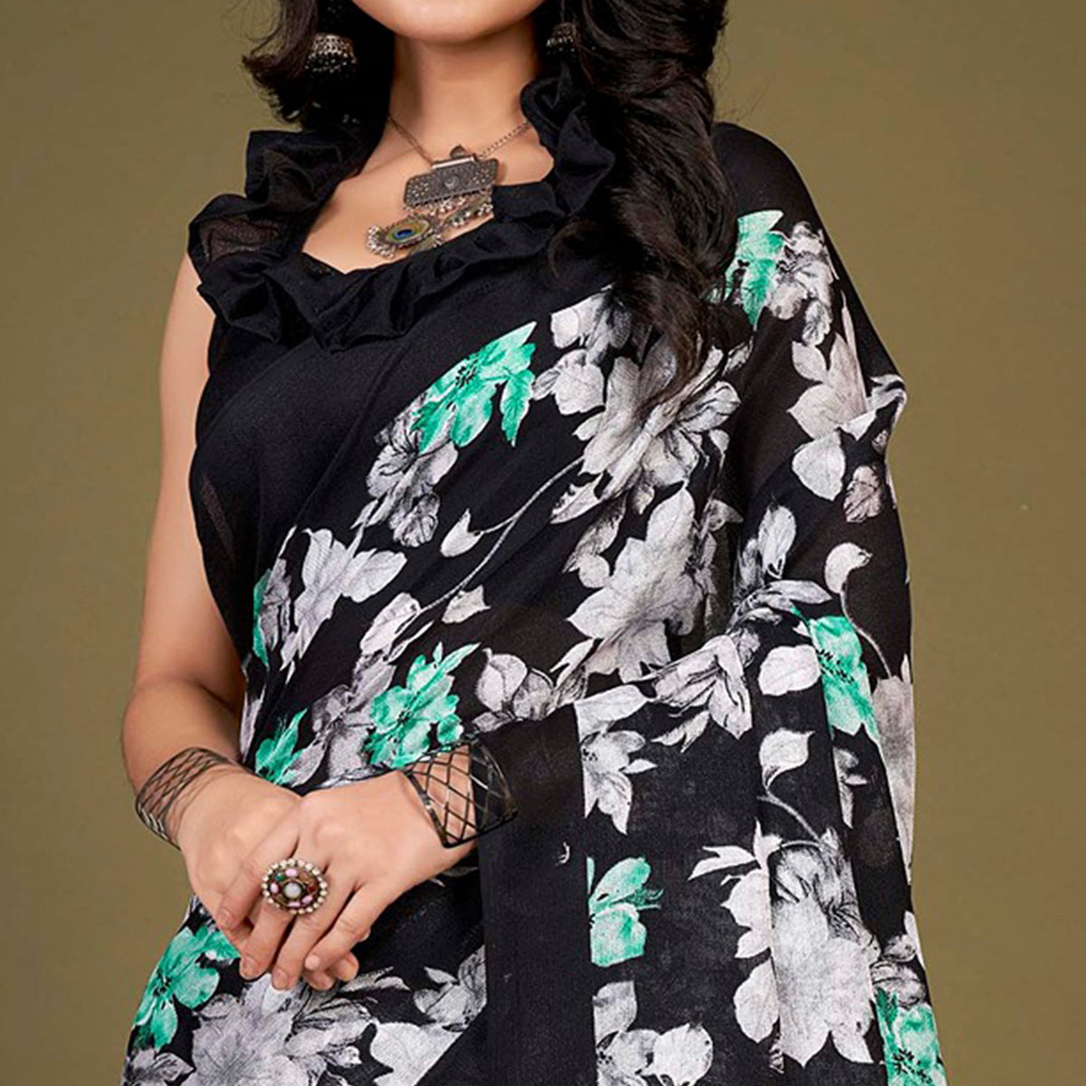 Black Floral Printed Jute Saree With Tassels