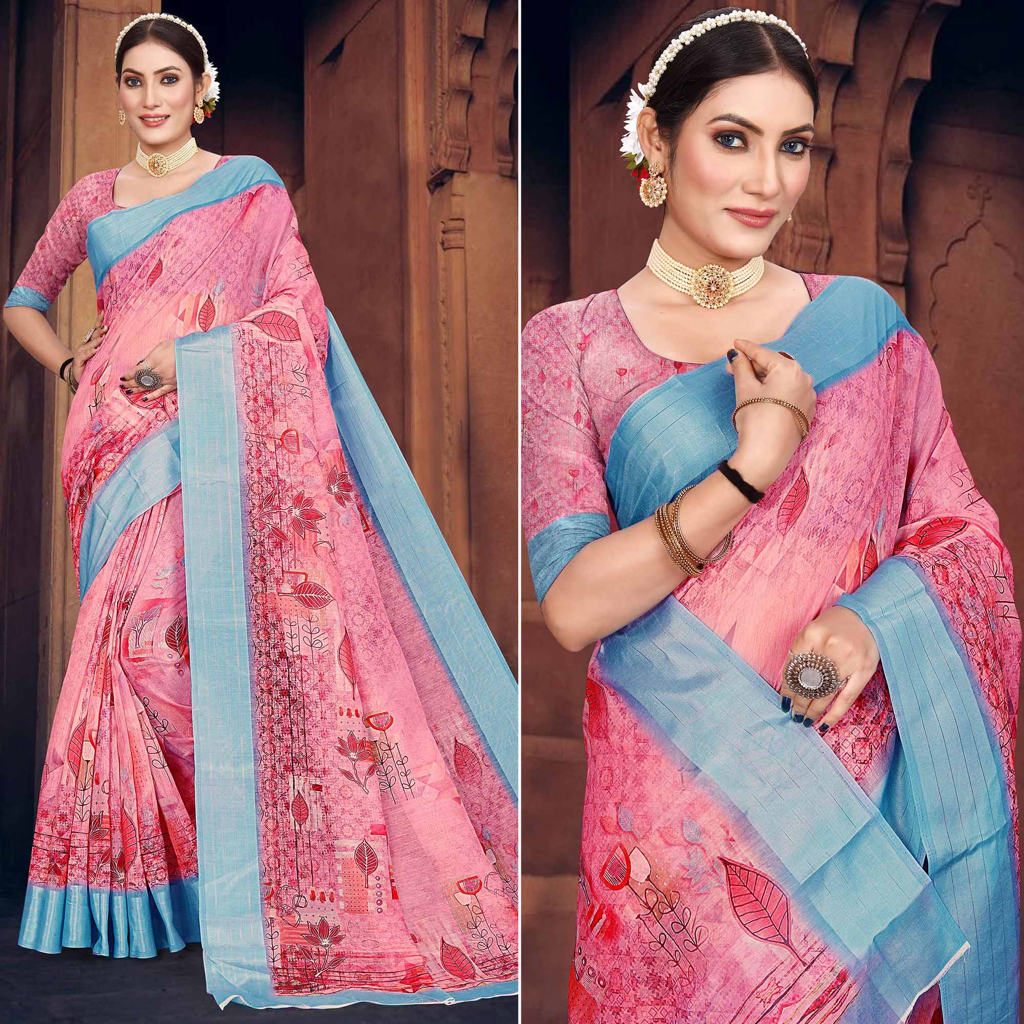 Pink Digital Printed Cotton Blend Saree