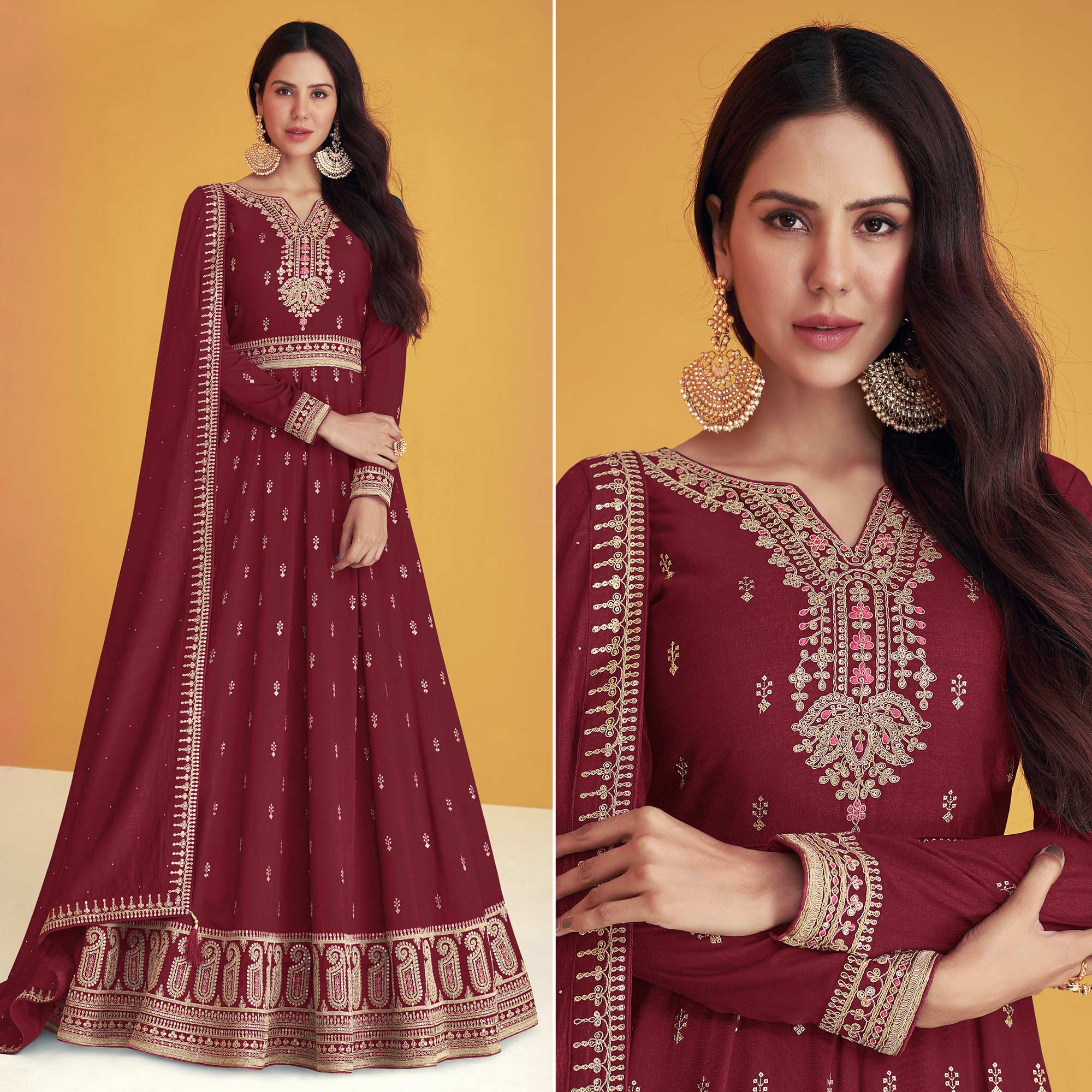 Maroon Sequins Embroidered Georgette Semi Anarkali Suit