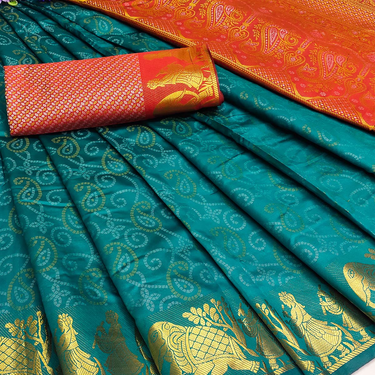 Rama Bandhani Woven Banarasi Silk Saree